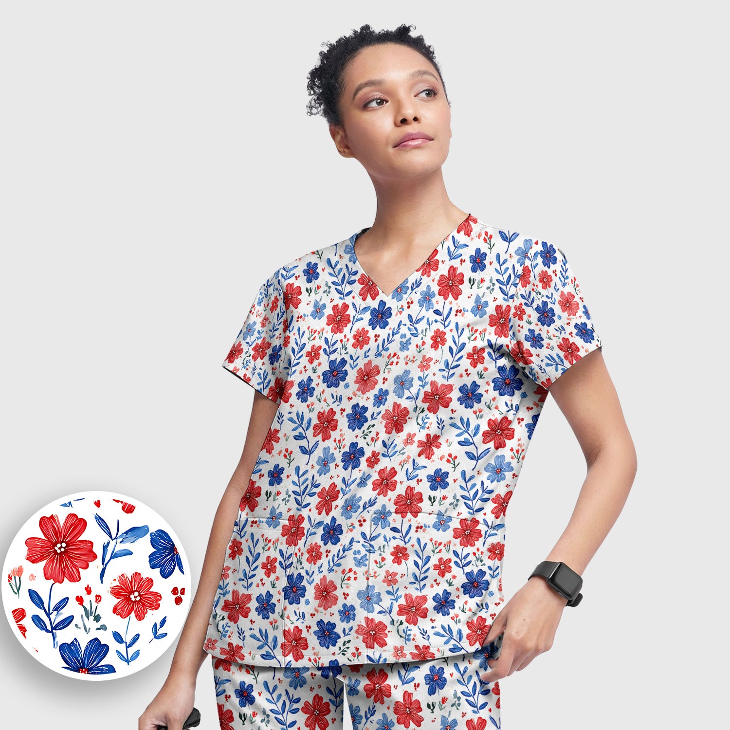 Patriotic Red White Blue Floral Print Scrub Set, Scrub Pants and V Neck Top
