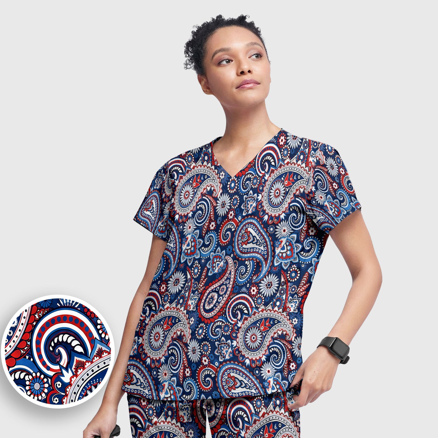 Patriotic Red White Blue Paisley Pattern Scrub Set, Scrub Pants and V Neck Top