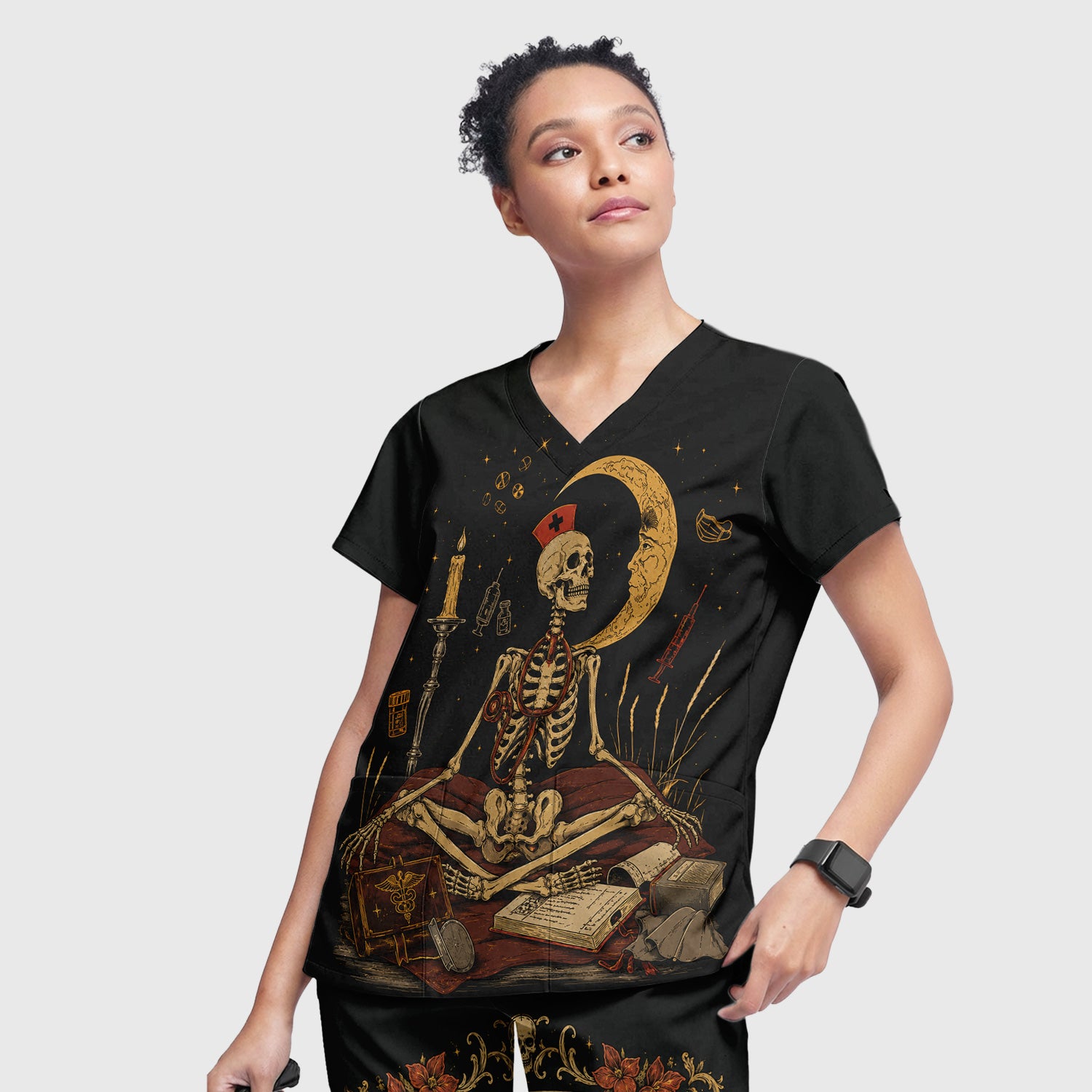 Breast Cancer Skeleton Nurse Scrub Set, Scrub Pants and V Neck Top