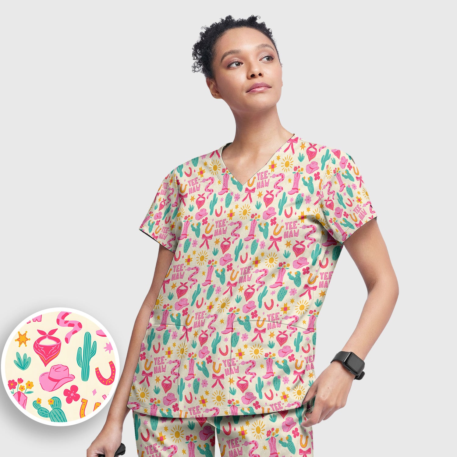 Pink Western Cowgirl Nurse Pattern Scrub Set, Scrub Pants and V Neck Top