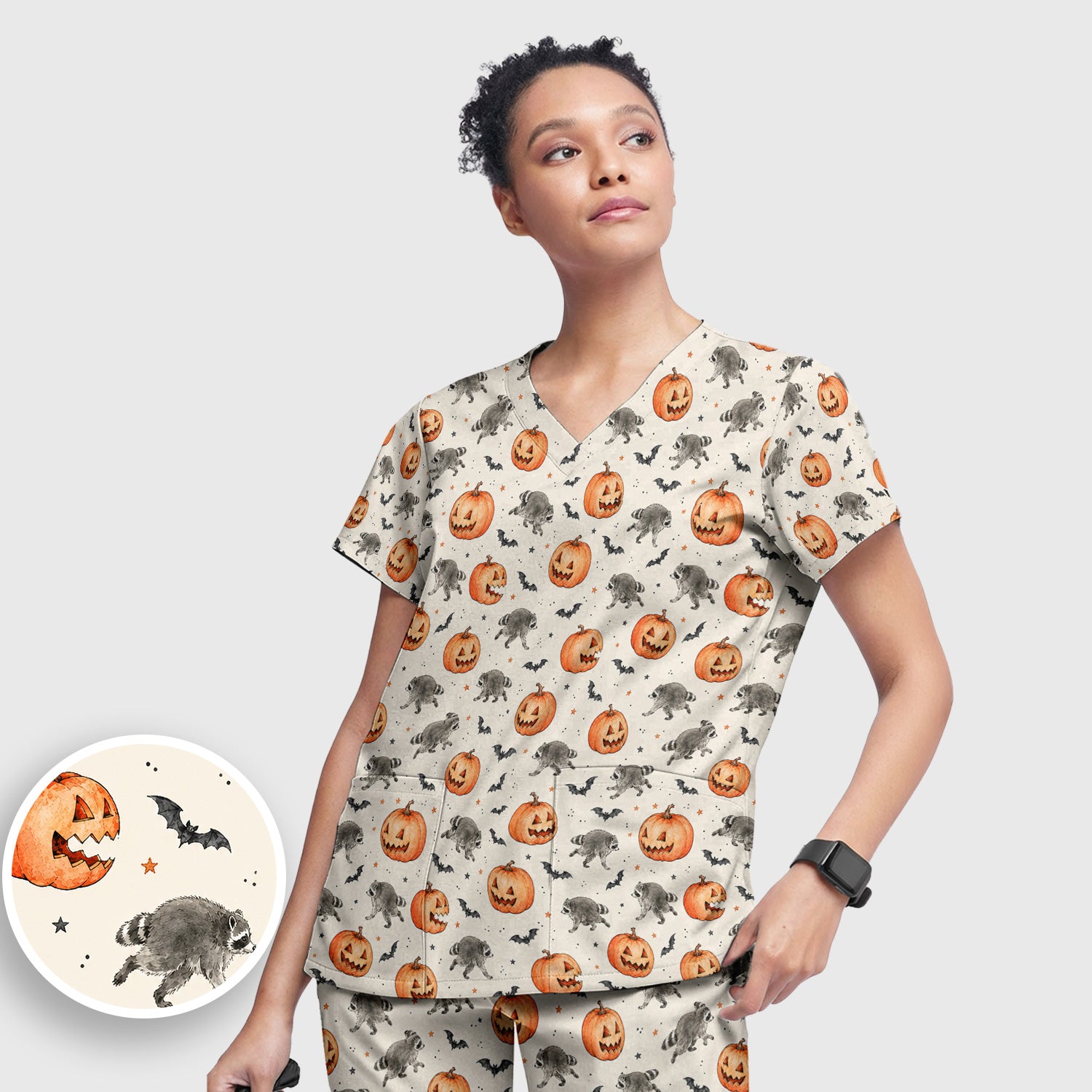 Spooky Halloween Raccoon And Pumpkin Scrub Set, Scrub Pants and V Neck Top