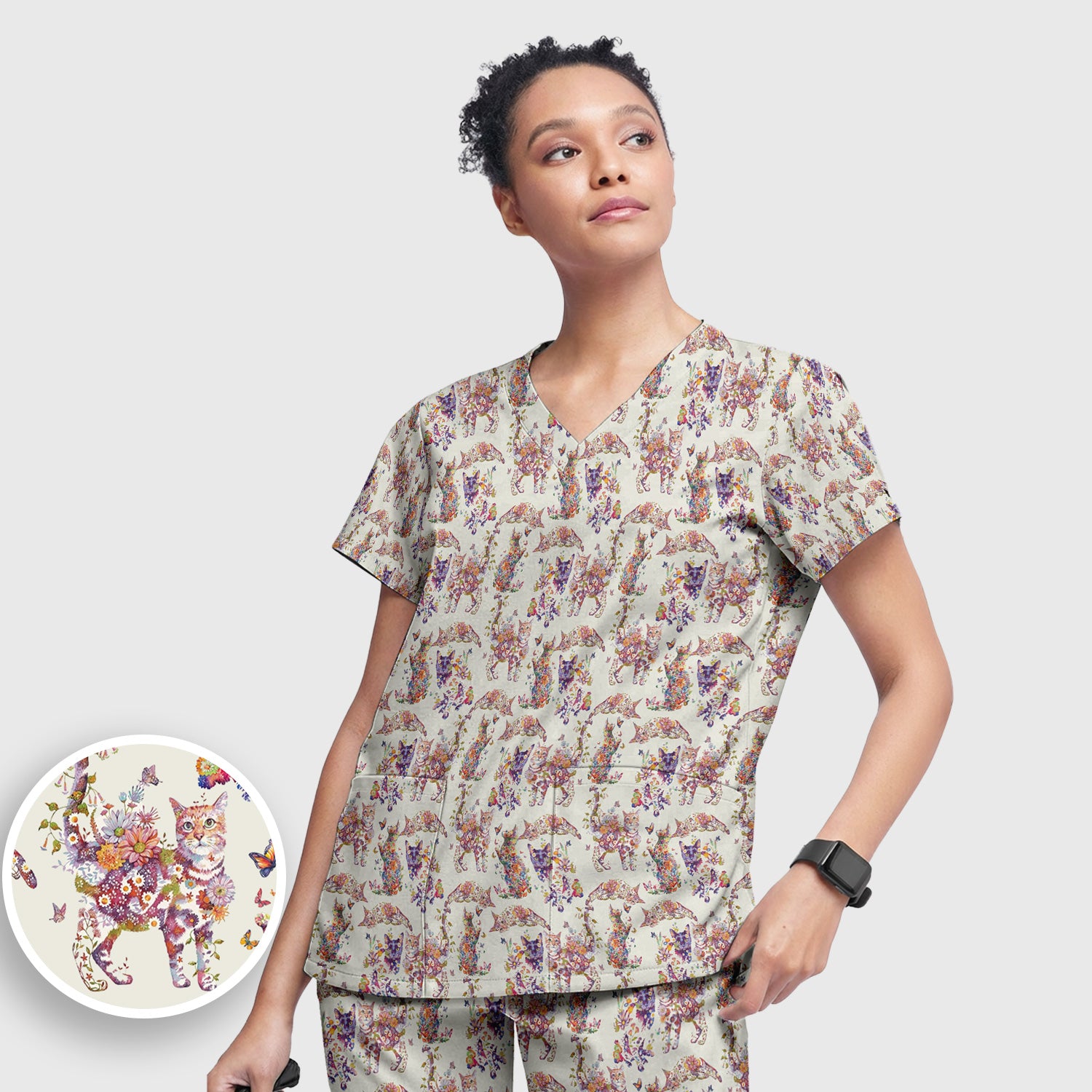 Whimsical Floral Cat Garden Pattern Scrub Set, Scrub Pants and V Neck Top