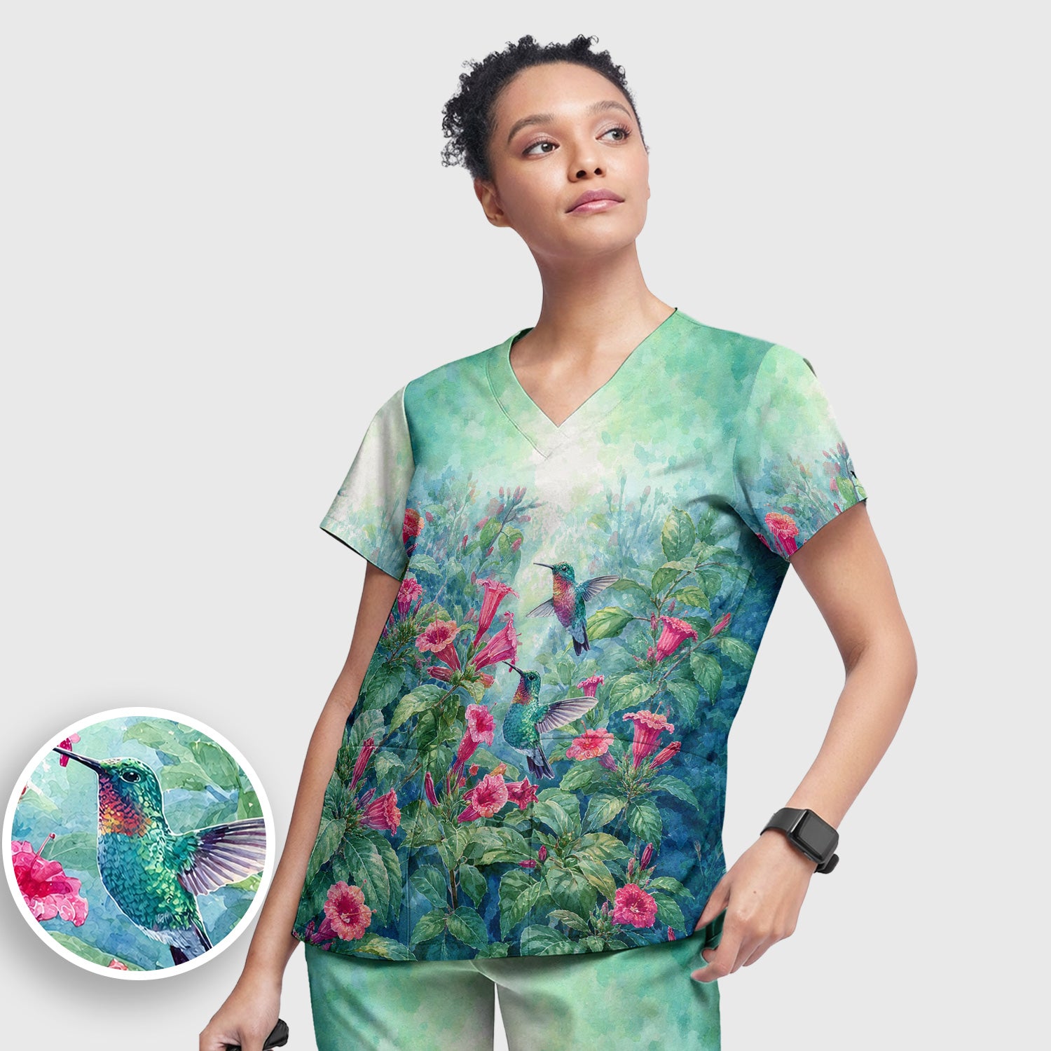 Vintage Hummingbird Floral Garden Pattern Scrub Set, Scrub Pants and V Neck Top