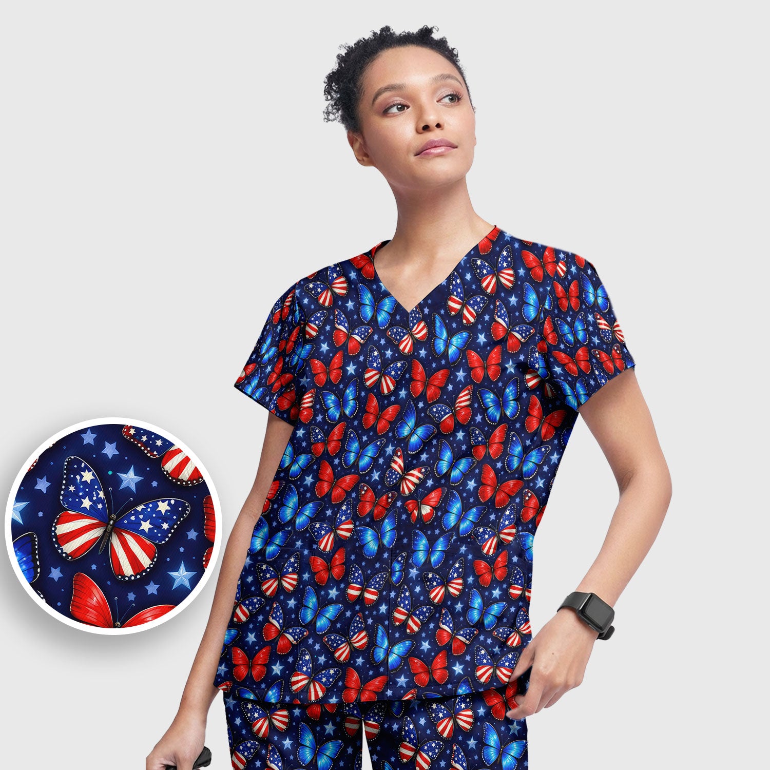 Patriotic Butterfly Stars Pattern Scrubs Sets, Scrub Pants and V Neck Top