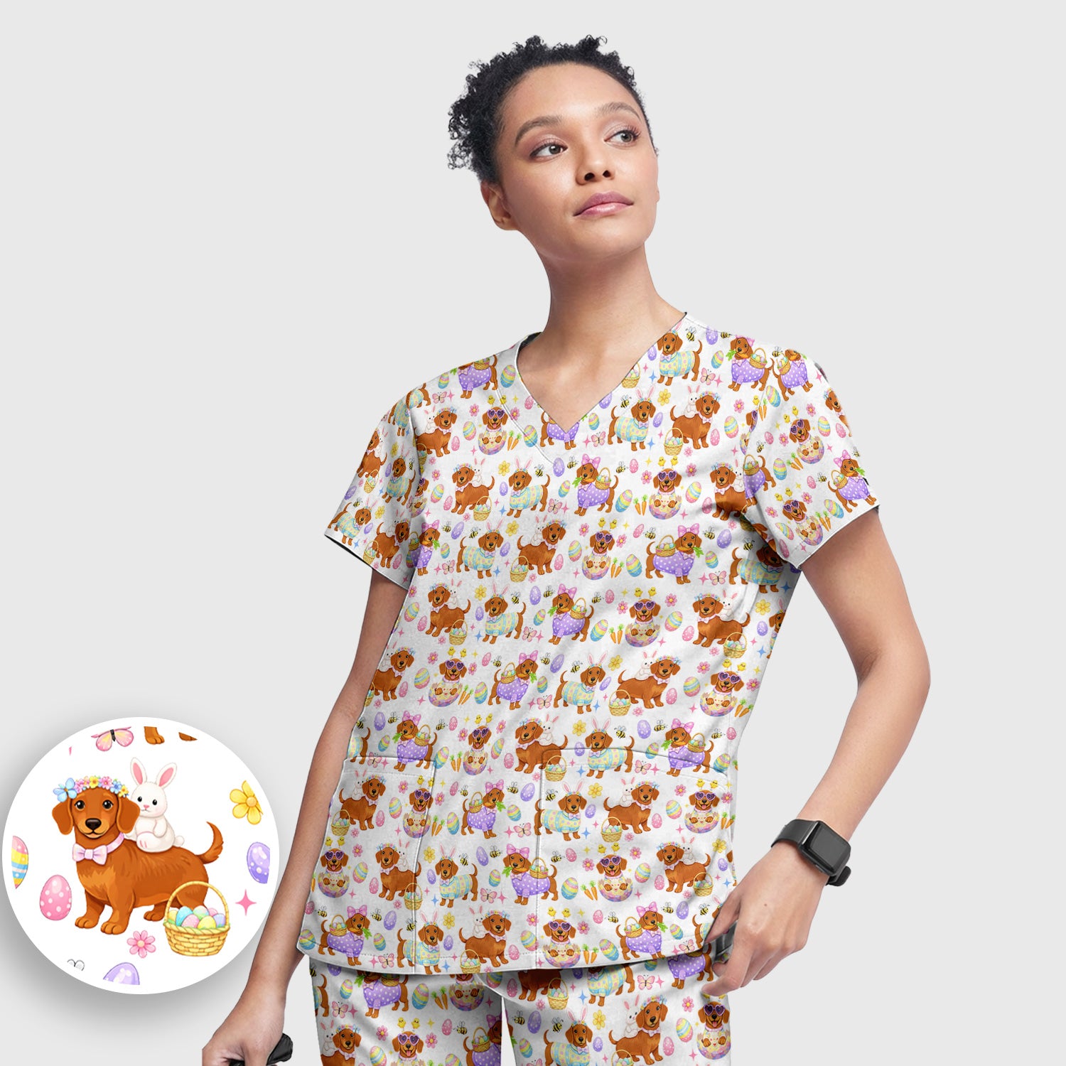 Cute Easter Dachshund Dog Pattern Scrub Set, Scrub Pants and V Neck Top