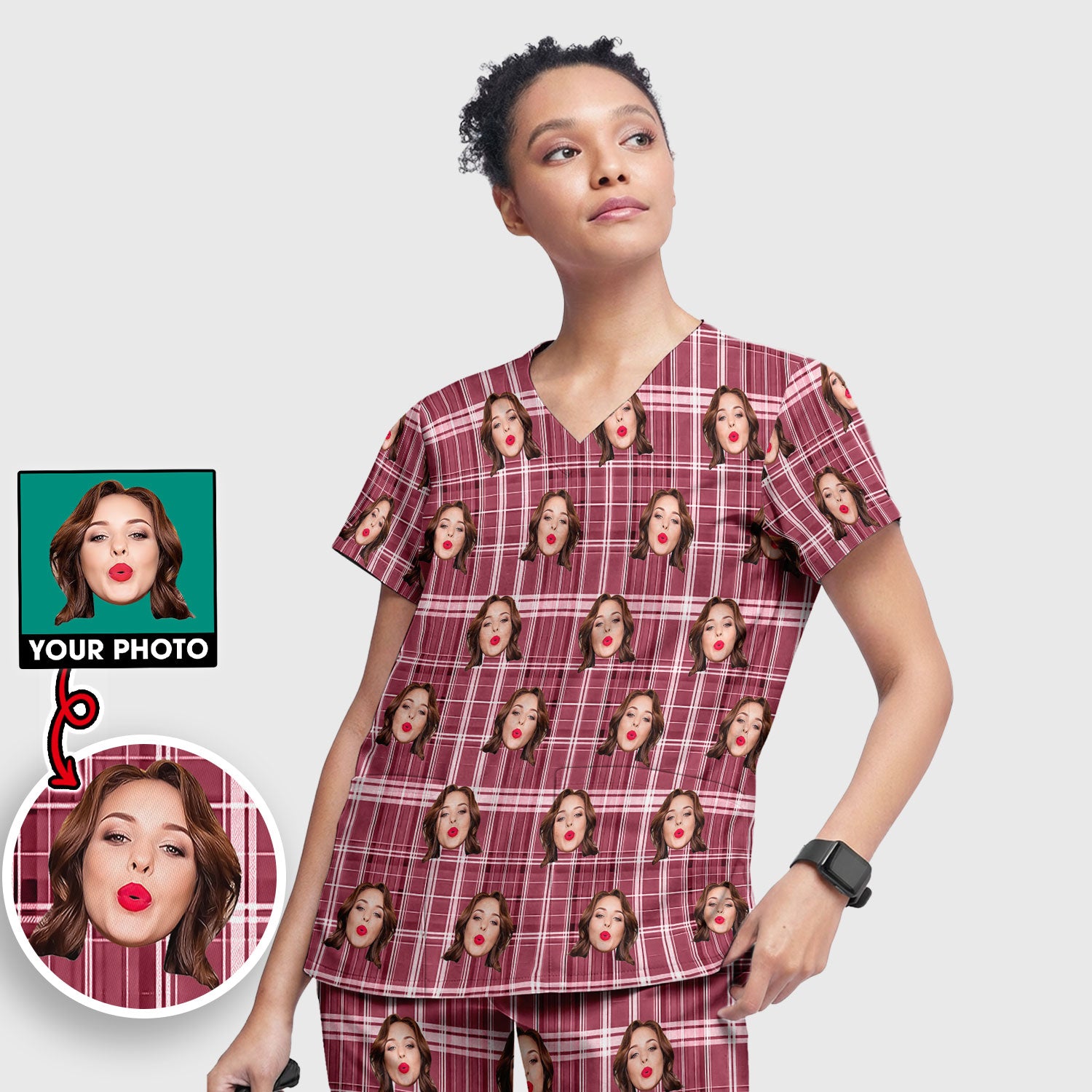Personalized Funny Face Plaid Scrub Set, Custom Photo Pattern Medical Uniform For Nurses, Breathable Fabrics Nursing Uniform