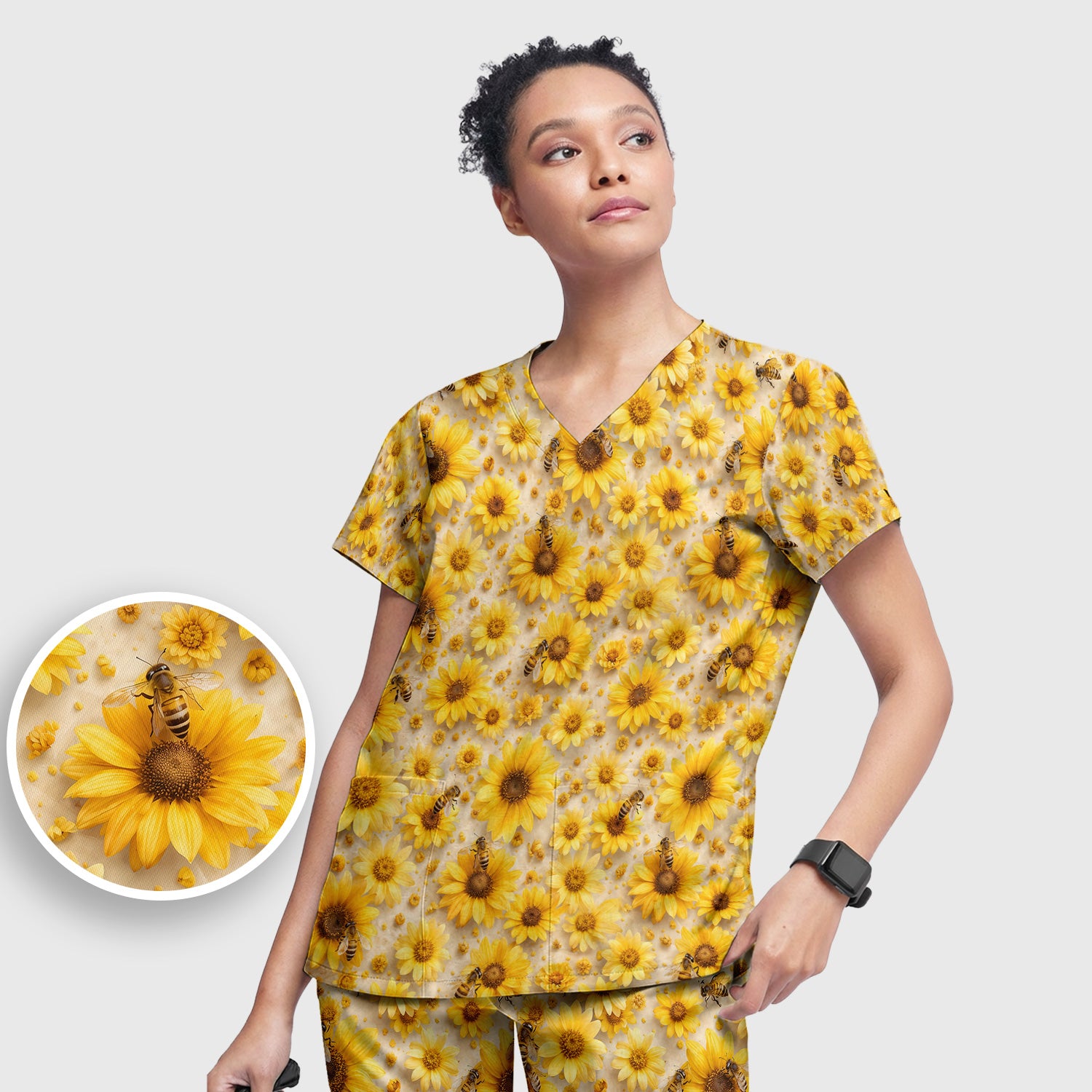 Yellow Sunflower Bee Garden Bloom Pattern Scrub Set, Scrub Pants and V Neck Top
