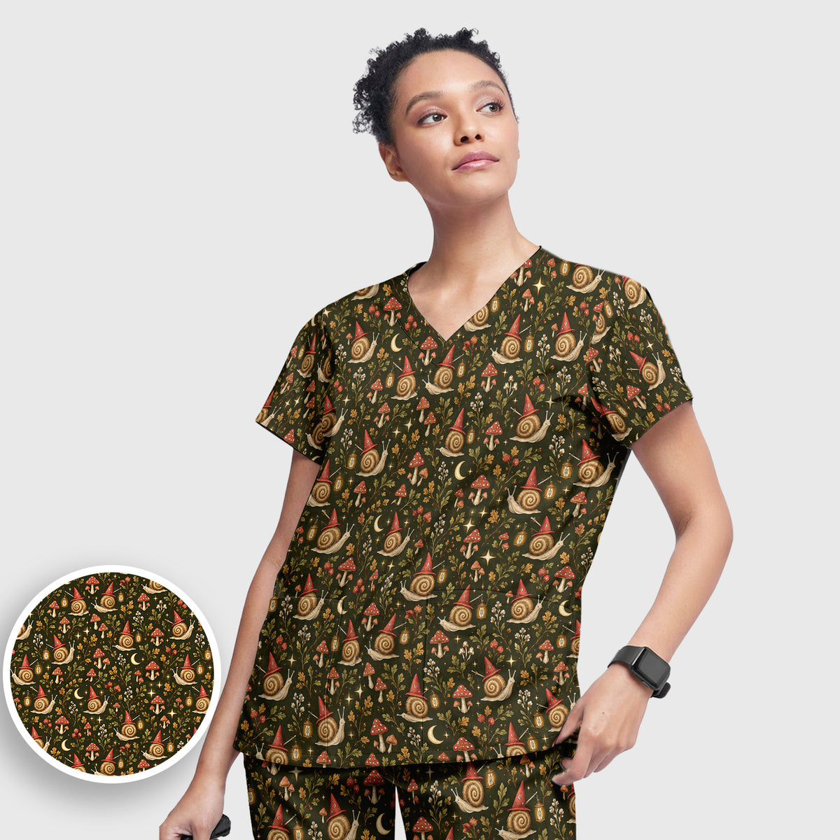Halloween Witch Snails And Mushrooms Scrub Set, Scrub Pants and V Neck Top