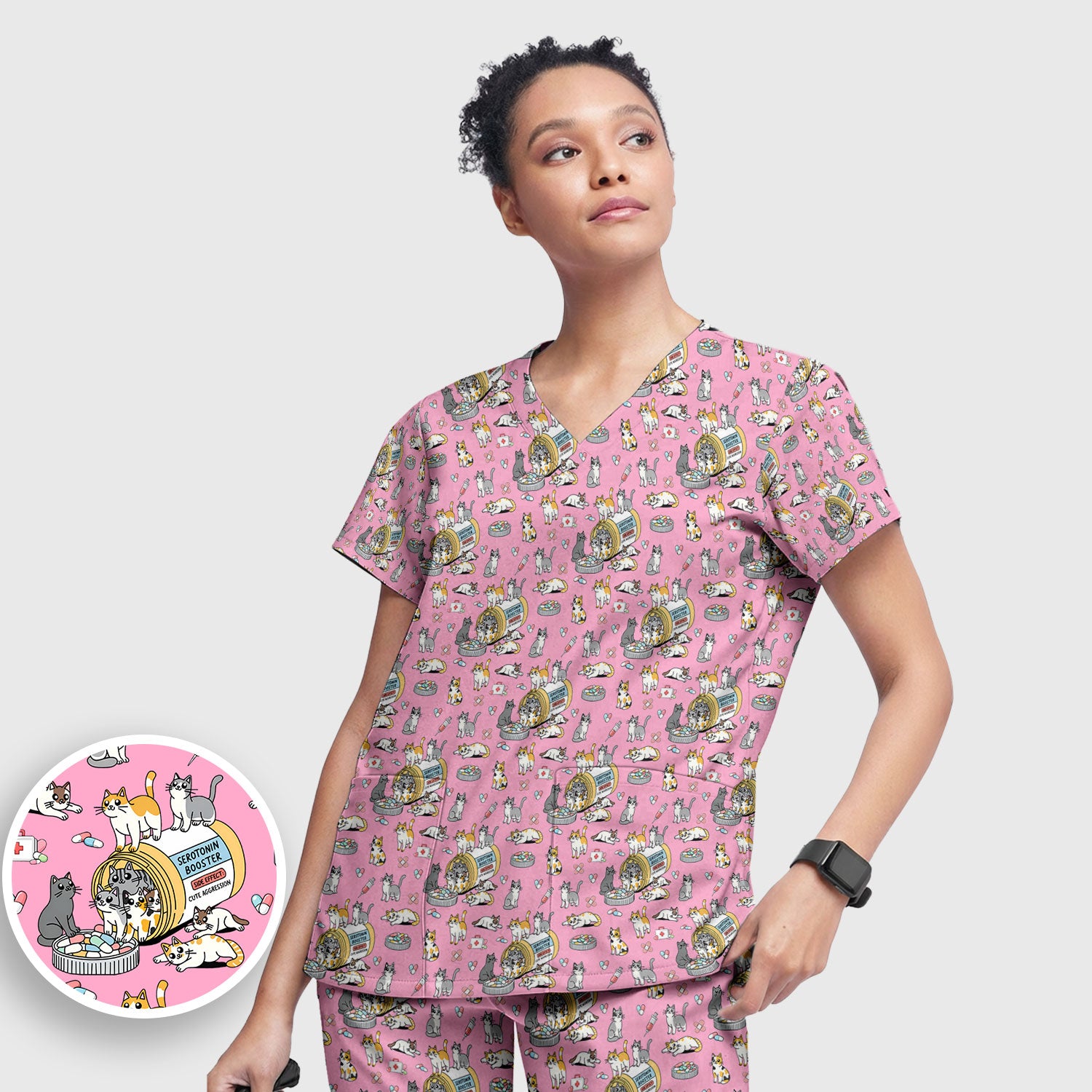 Cute Cat Serotonin Booster Pattern Women's Scrub Set, Breathable Med Uniform