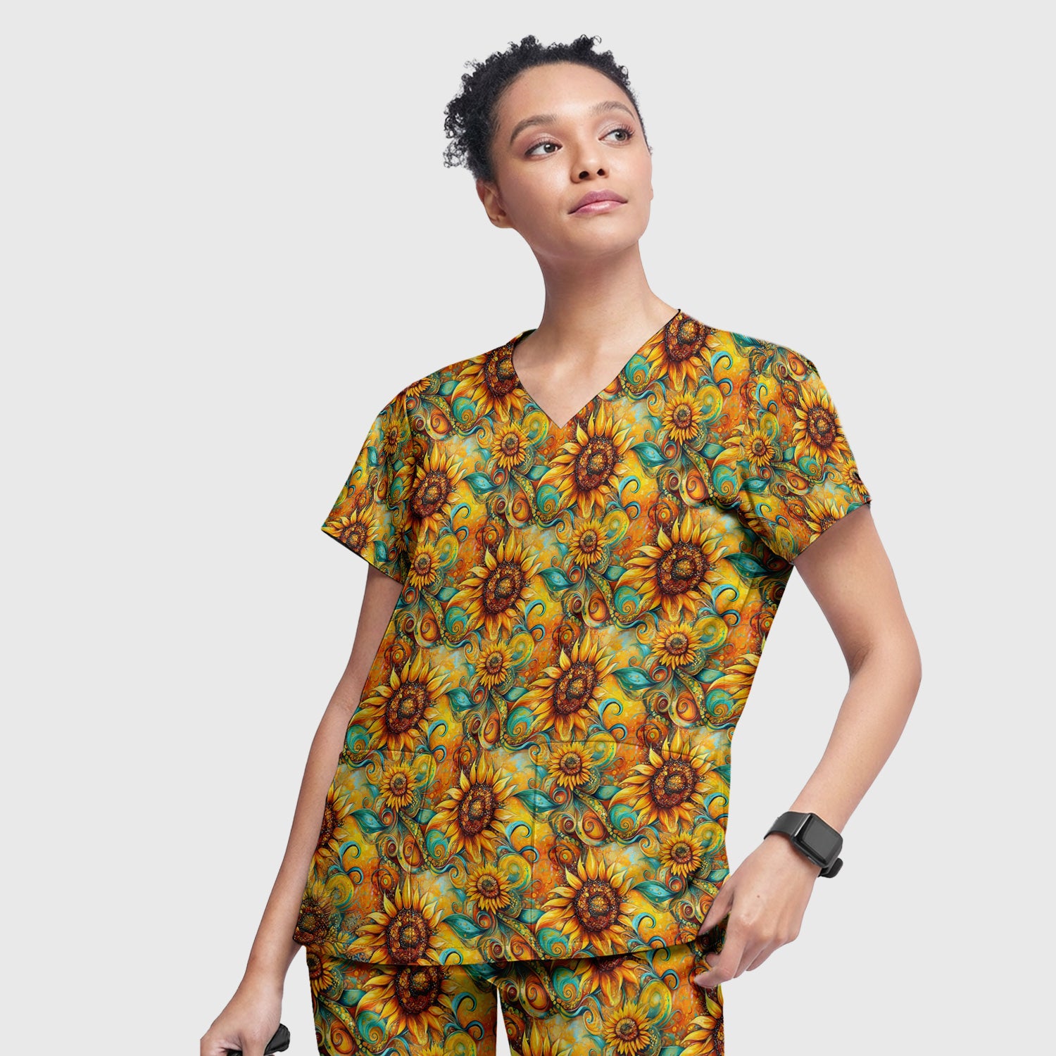 Sunflower Swirl Floral Pattern Scrub Set, Scrub Pants and V Neck Top