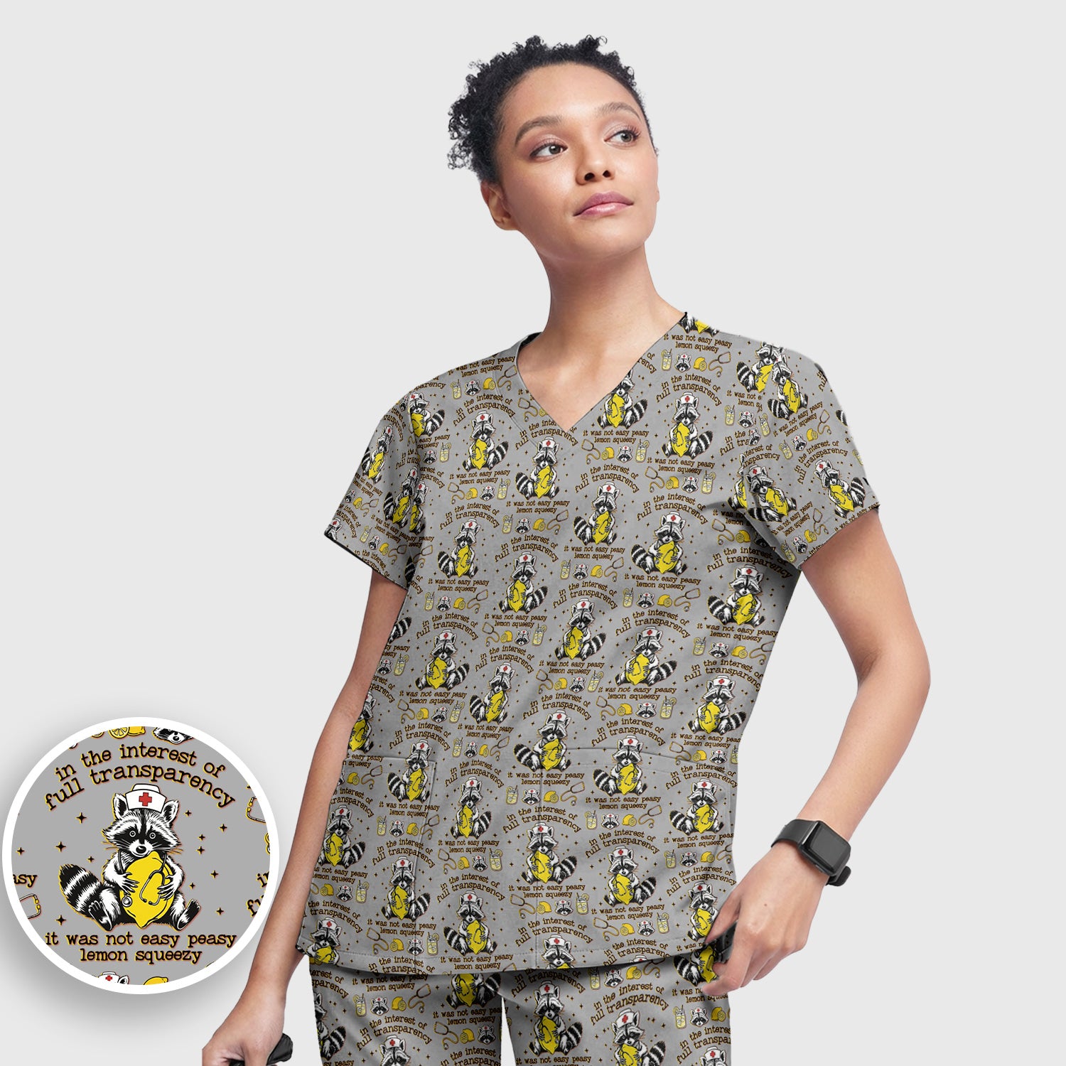 Raccoon Lemon Quote Medical Humor Pattern Scrub Set, Breathable Med Uniform