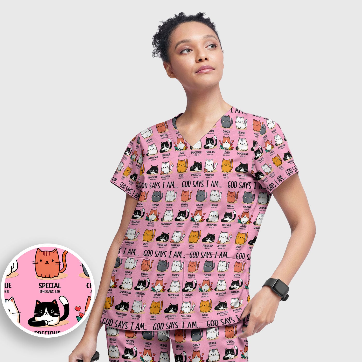 Cute Christian Cat God Says I Am Women's Scrub Set, Breathable Med Uniform
