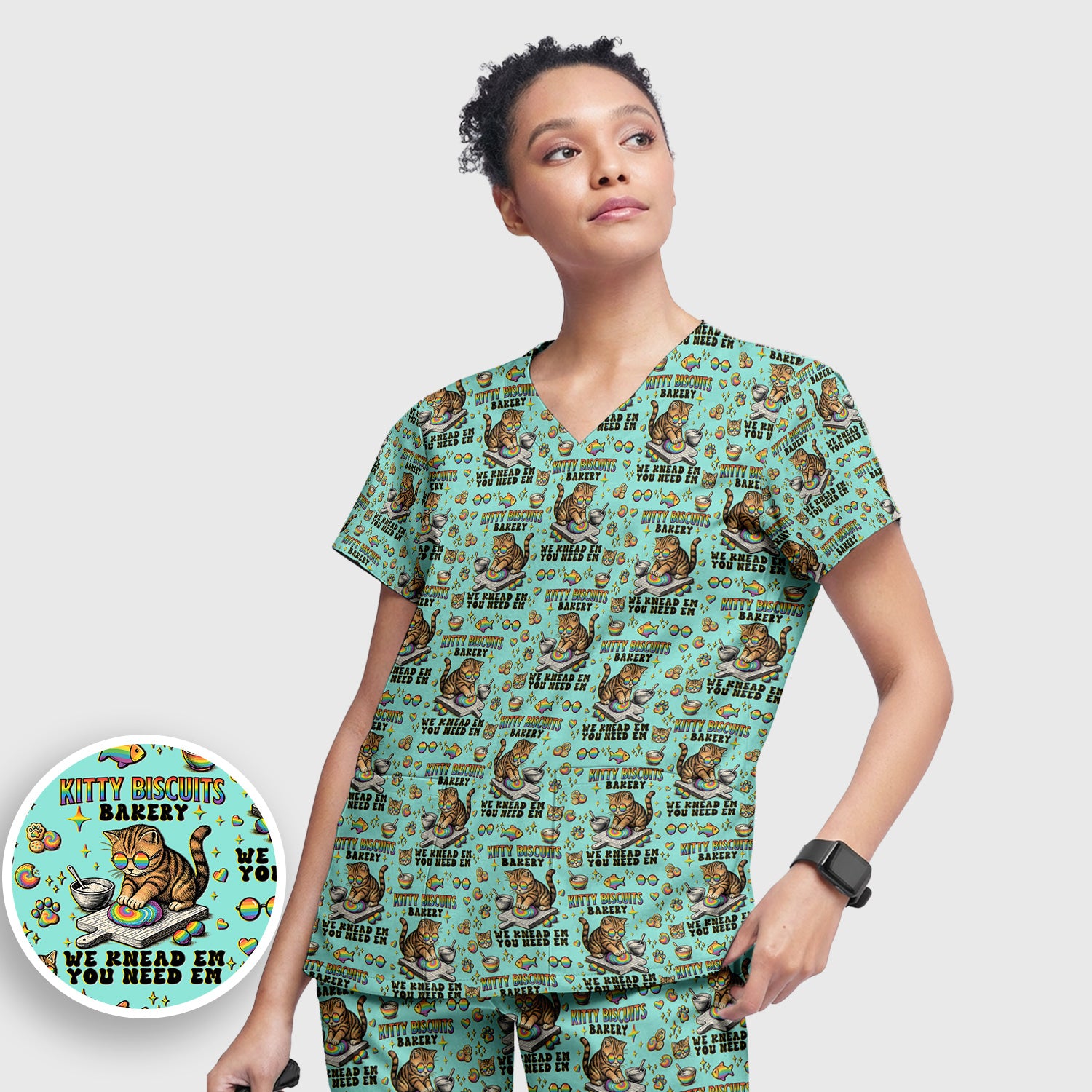 Pride Nurse Cat Baking Rainbow Dough Pattern Scrub Set, Women's Scrub Sets