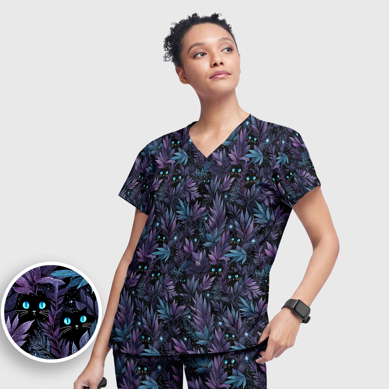 Mystic Black Cat Veterinary Pattern Scrub Set, Scrub Pants and V Neck Top