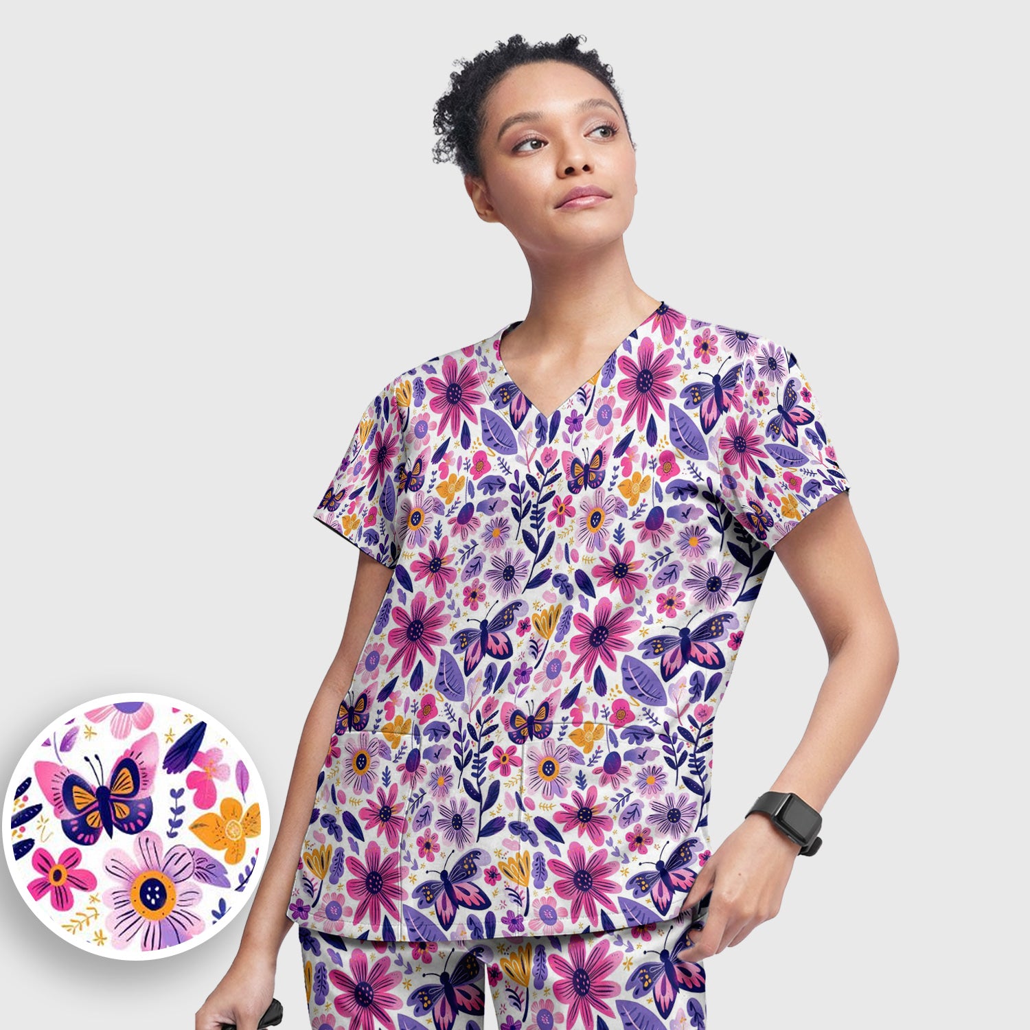 Cute Butterfly Wildflower Garden Pattern Scrub Set, Scrub Pants and V Neck Top