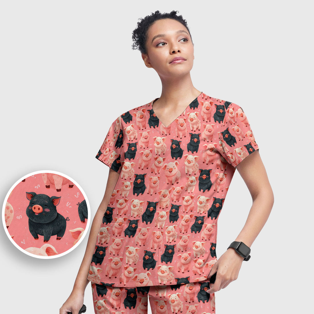 Cartoon Pig Print Scrub Set, Scrub Pants and V Neck Top, Breathable Med Uniform