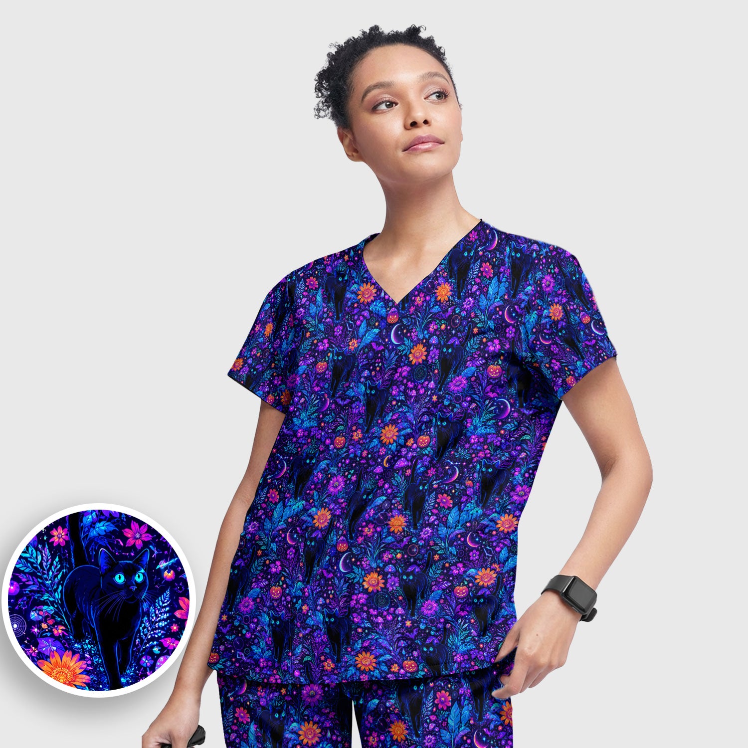 Halloween Black Cat Floral Print Scrub Set, Scrub Pants and V Neck Top