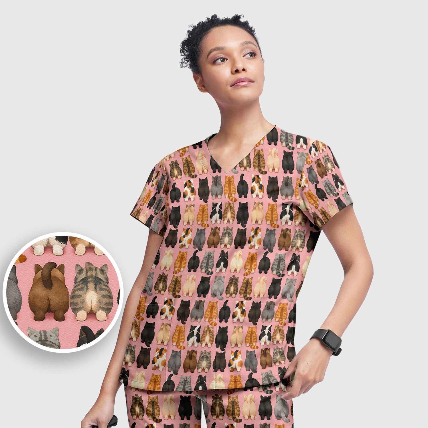 Cute Cats Back View Pattern Scrubs Sets, Scrub Pants and V Neck Top