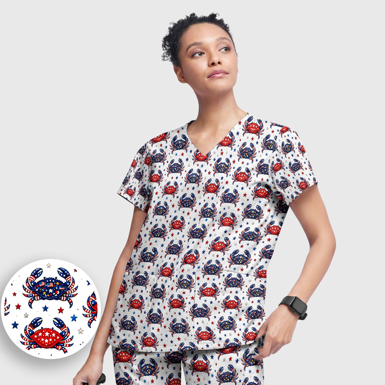 Patriotic Crab Stars Pattern Scrub Set, Scrub Pants and V Neck Top