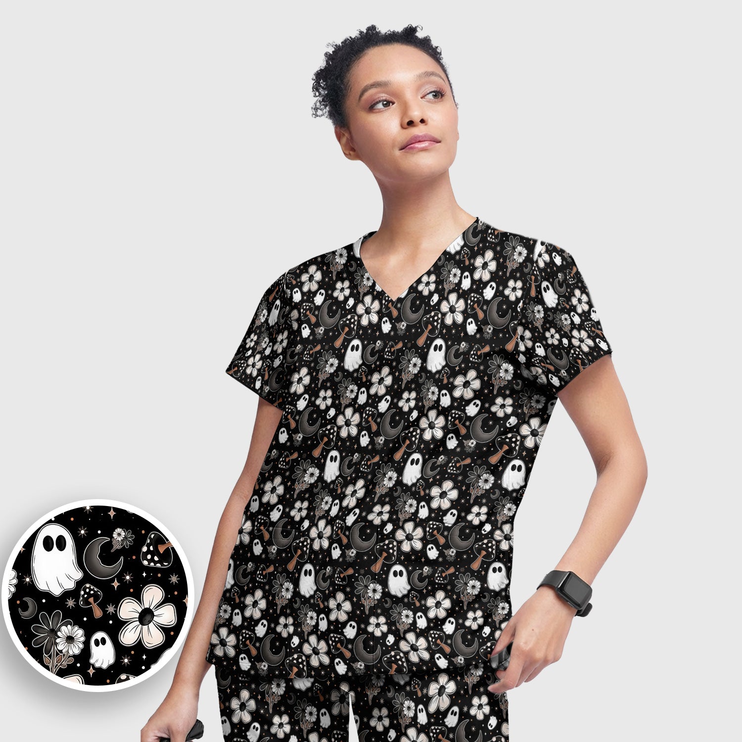 Floral Mushroom Ghost Pattern Scrub Set, Scrub Pants and V Neck Top