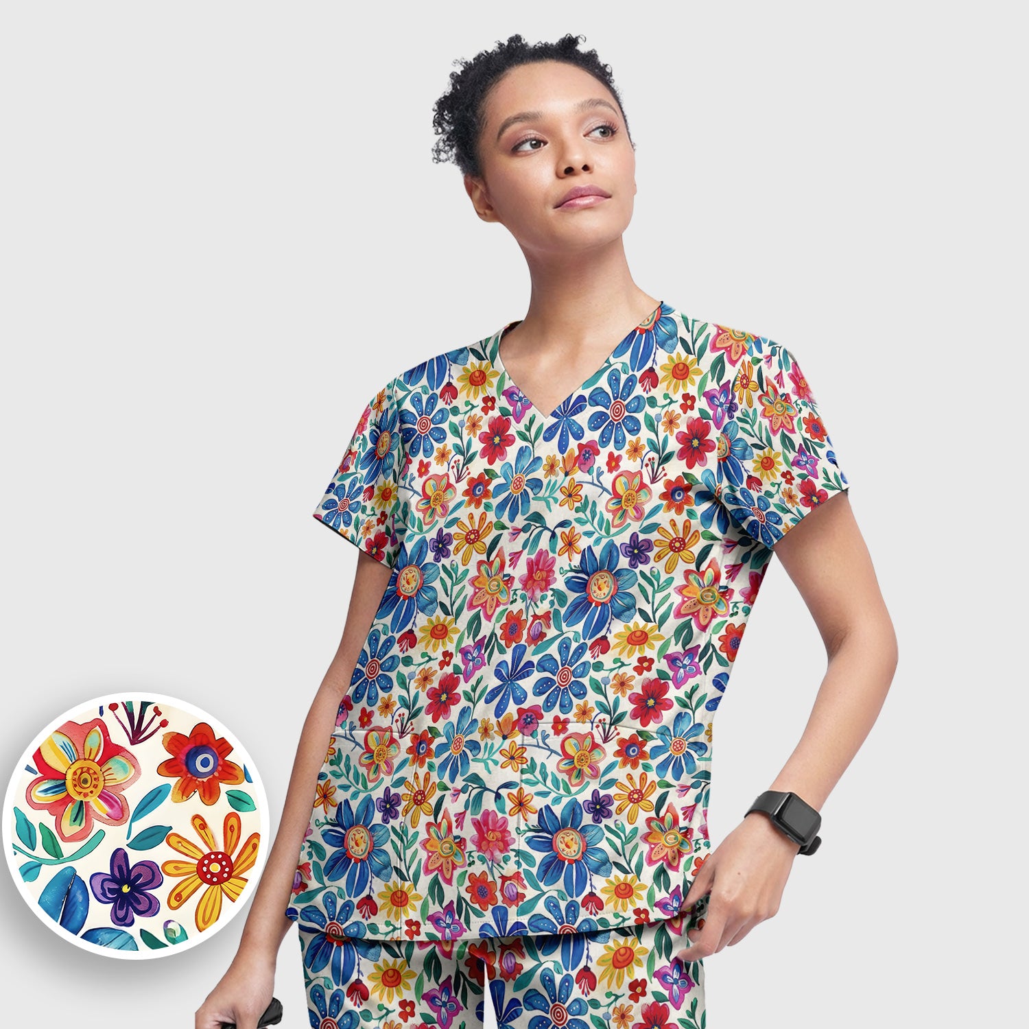 Colorful Folk Floral Print Scrub Set, Scrub Pants and V Neck Top
