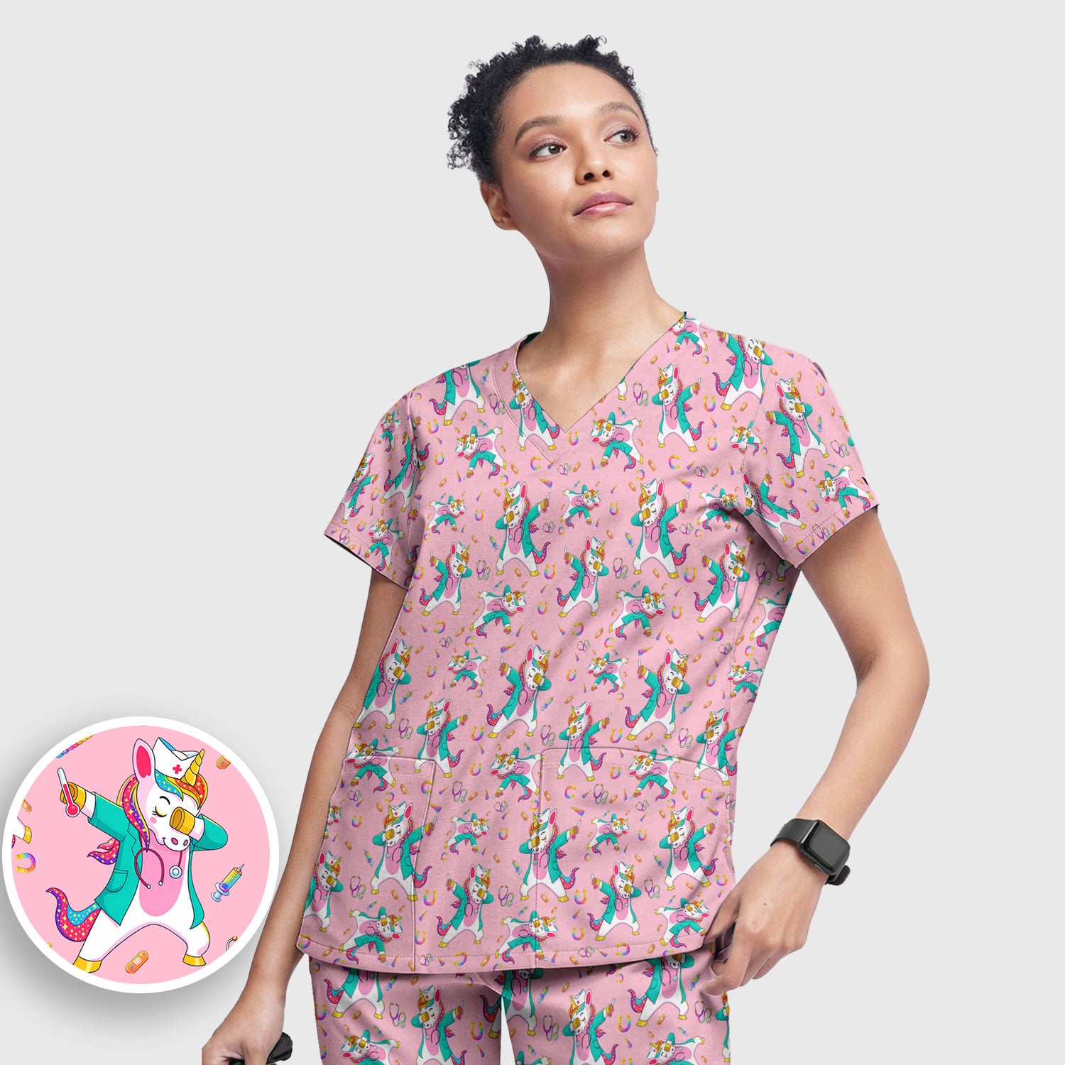 Cute Unicorn Nurse Dance Pattern Women's Sets, Scrub Pants and V Neck Top