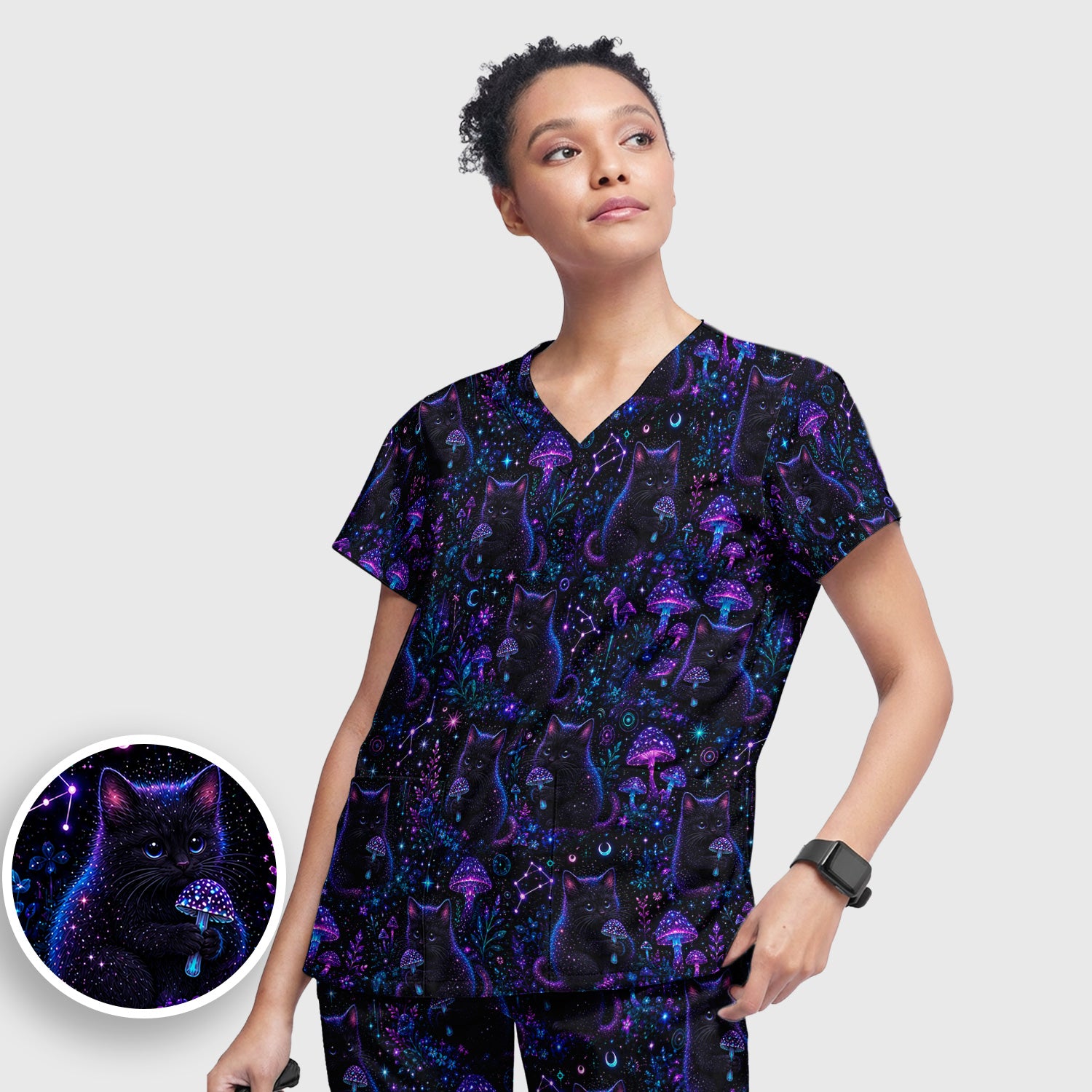 Neon Black Cat Mushroom Galaxy Pattern Scrub Set, Scrub Pants and V Neck Top