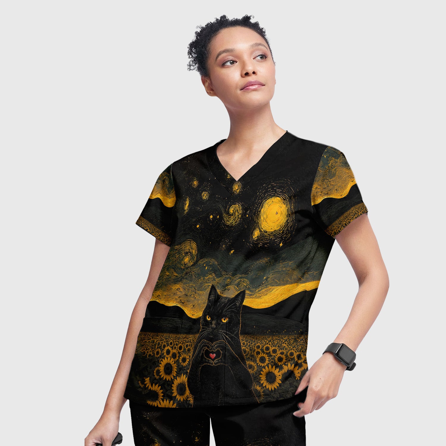 Cute Black Cat Sunflower Night Pattern Scrub Set, Scrub Pants and V Neck Top