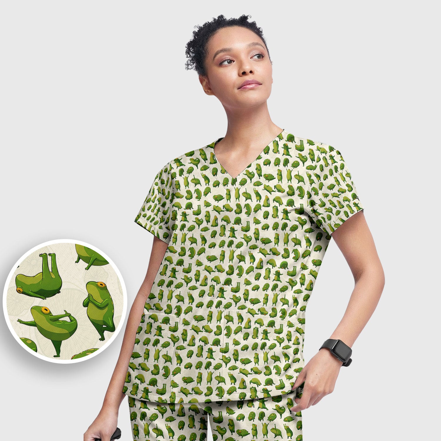 Cute Frog Cartoon Pattern Scrub Set, Breathable Med Uniform