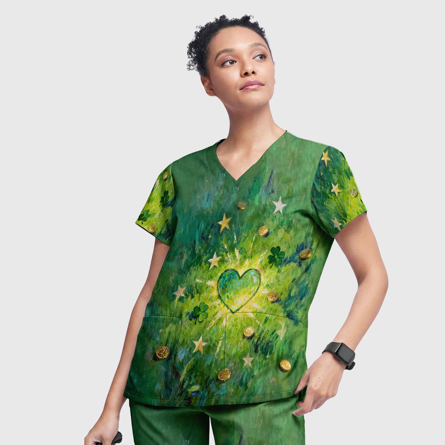 St. Patrick Lucky Shamrock Heart Scrub Set, Scrub Pants and V Neck Top