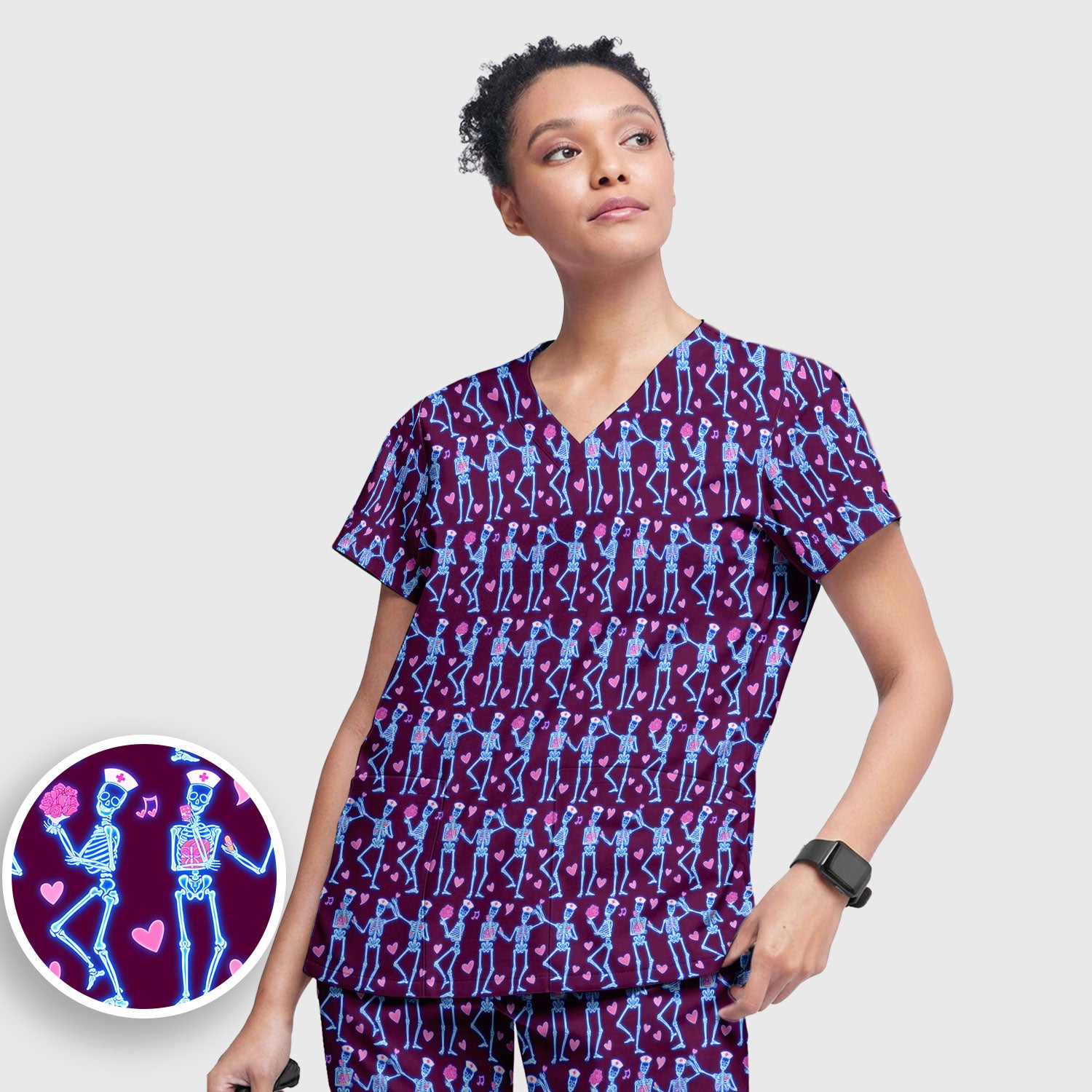 Skeleton Nurse Heart Pattern Scrub Sets, Playful Nurse Style, Scrub Pants and V Neck Top