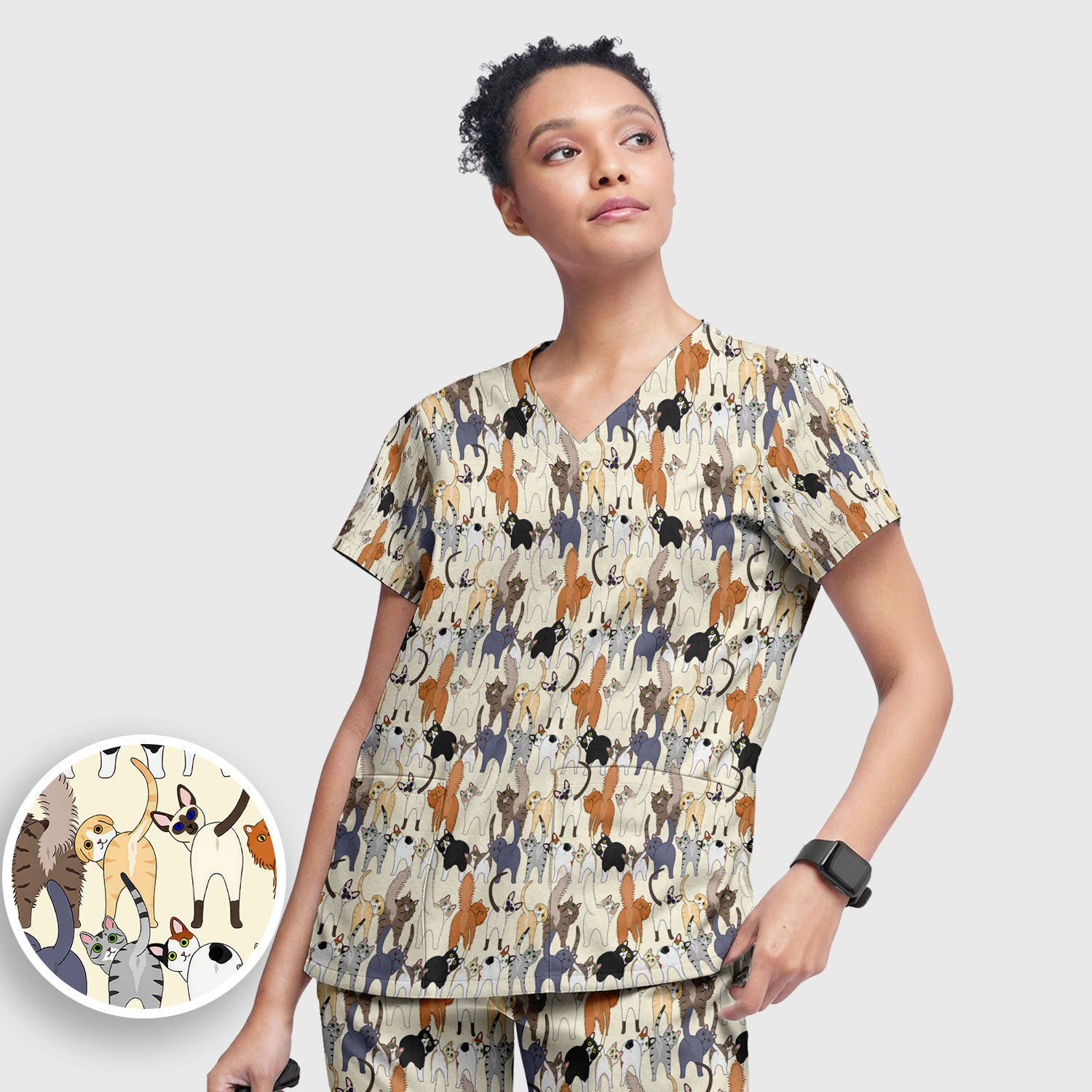 Whimsical Multicolor Cat Cartoon Pattern Scrub Set, Breathable Med Uniform