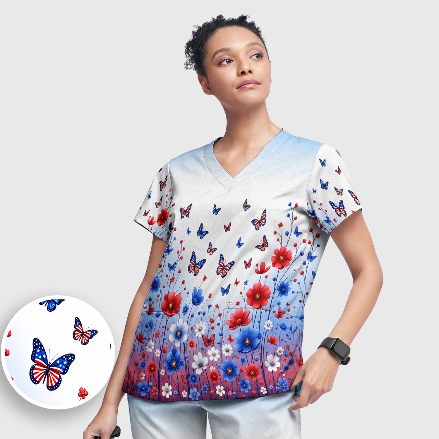 Patriotic Butterfly Wildflower Garden Pattern Scrub Set, Scrub Pants and V Neck Top