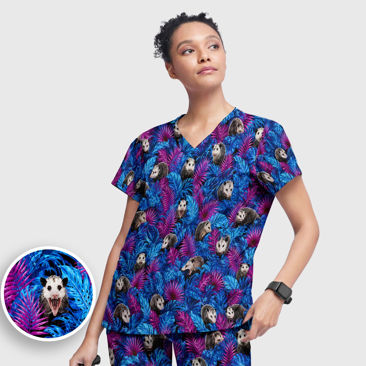 Cute Opossum Tropical Print Scrub Set, Scrub Pants and V Neck Top