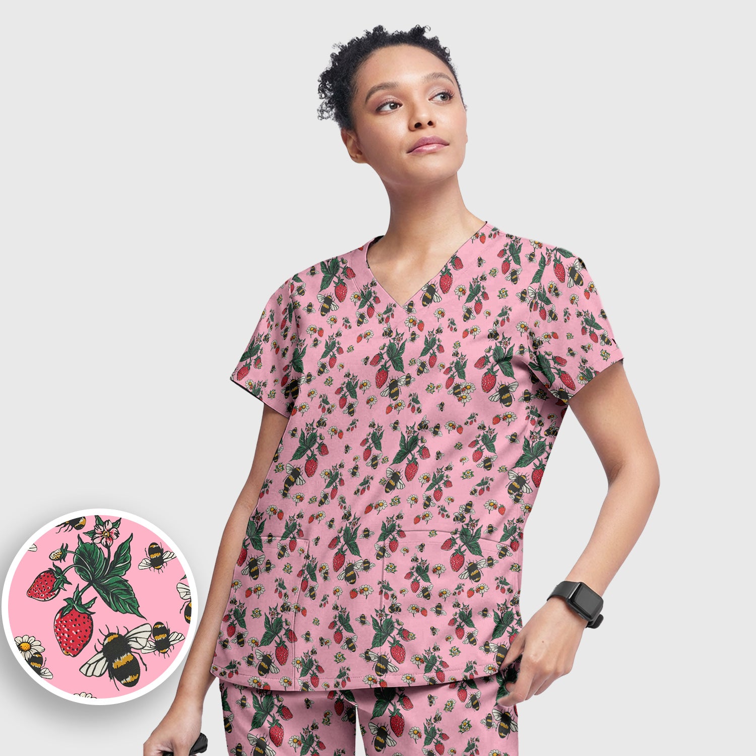Cute Strawberry Bee Daisy Floral Pattern Scrub Set, Scrub Pants and V Neck Top