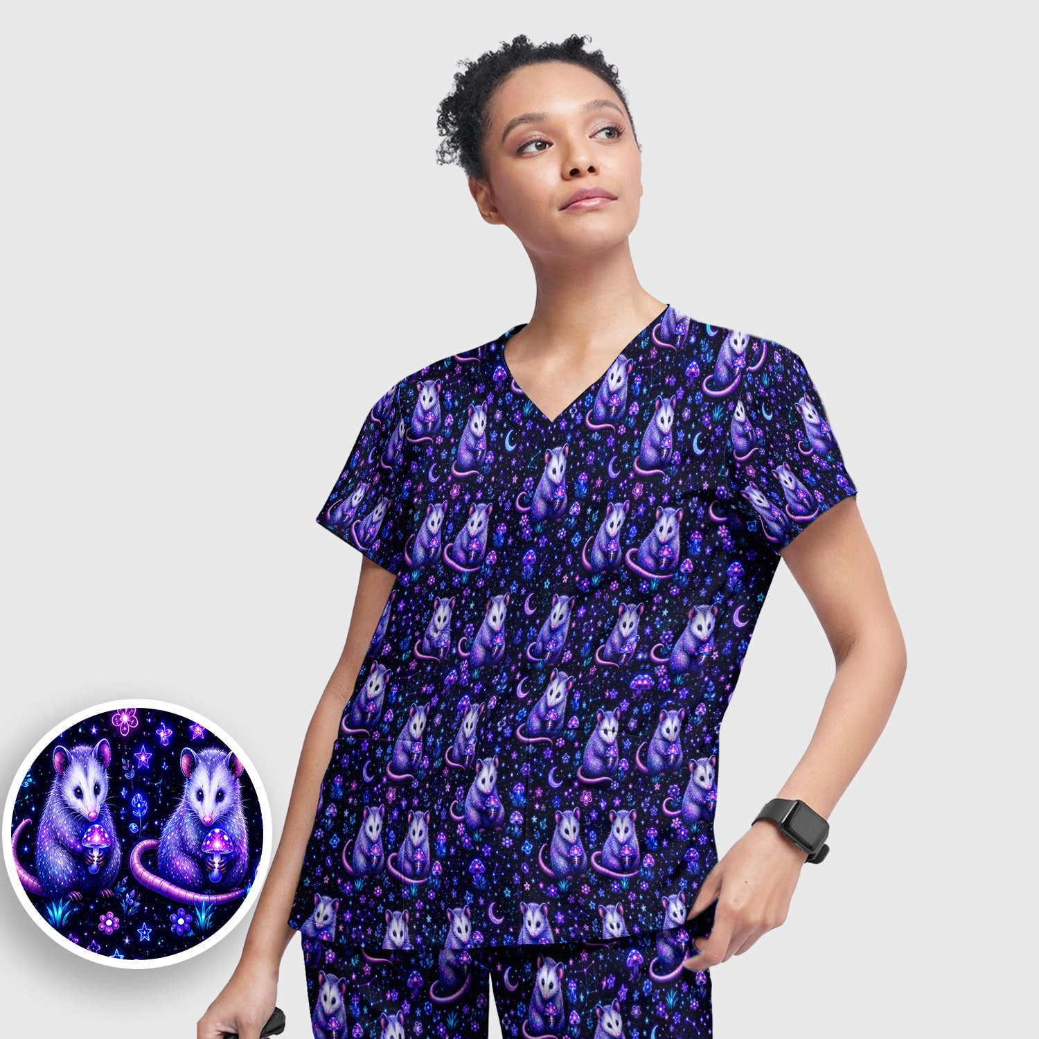 Neon Opossum Mushroom Galaxy Pattern Scrub Set, Scrub Pants and V Neck Top