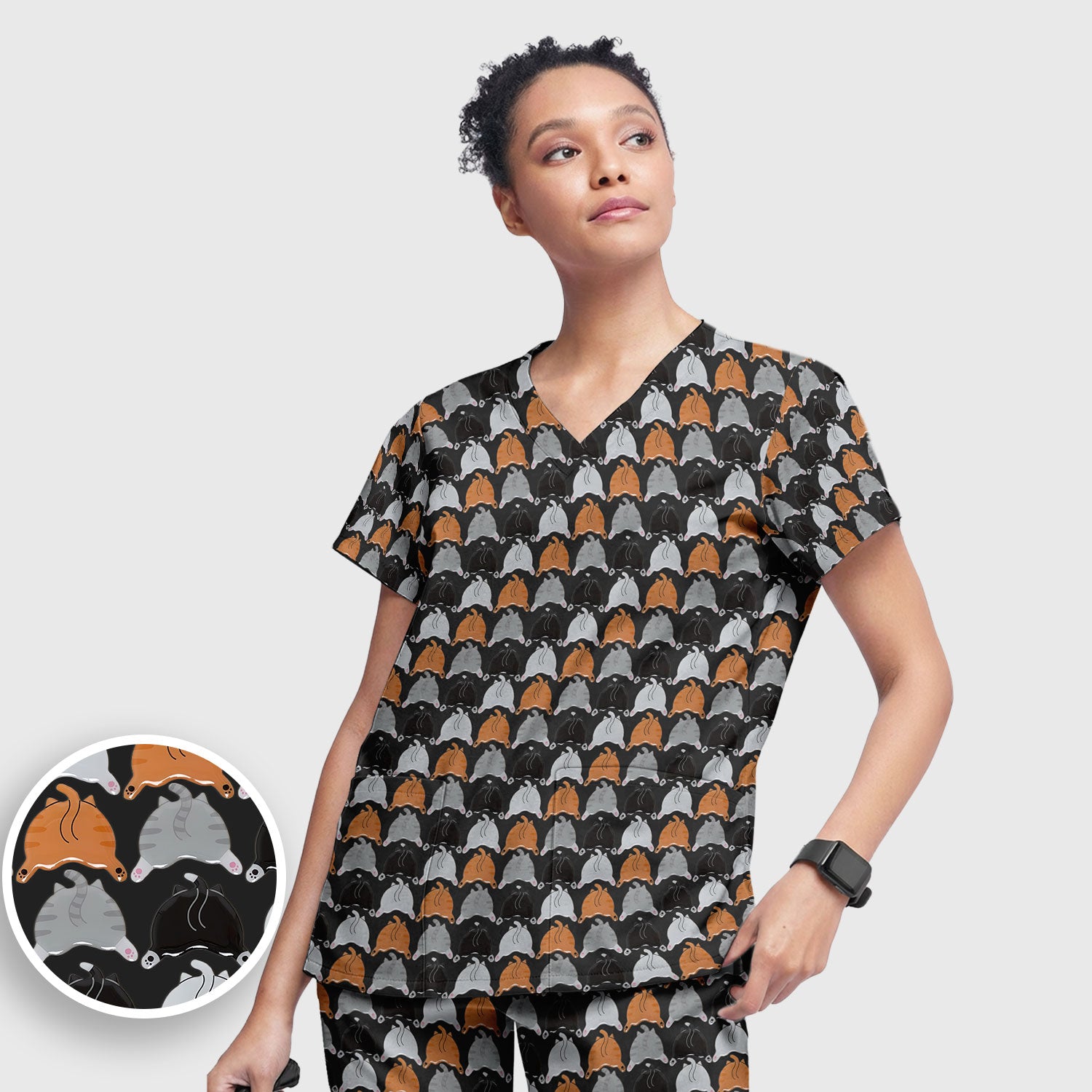 Playful Multicolor Cat Print Scrub Set, Breathable Med Uniform