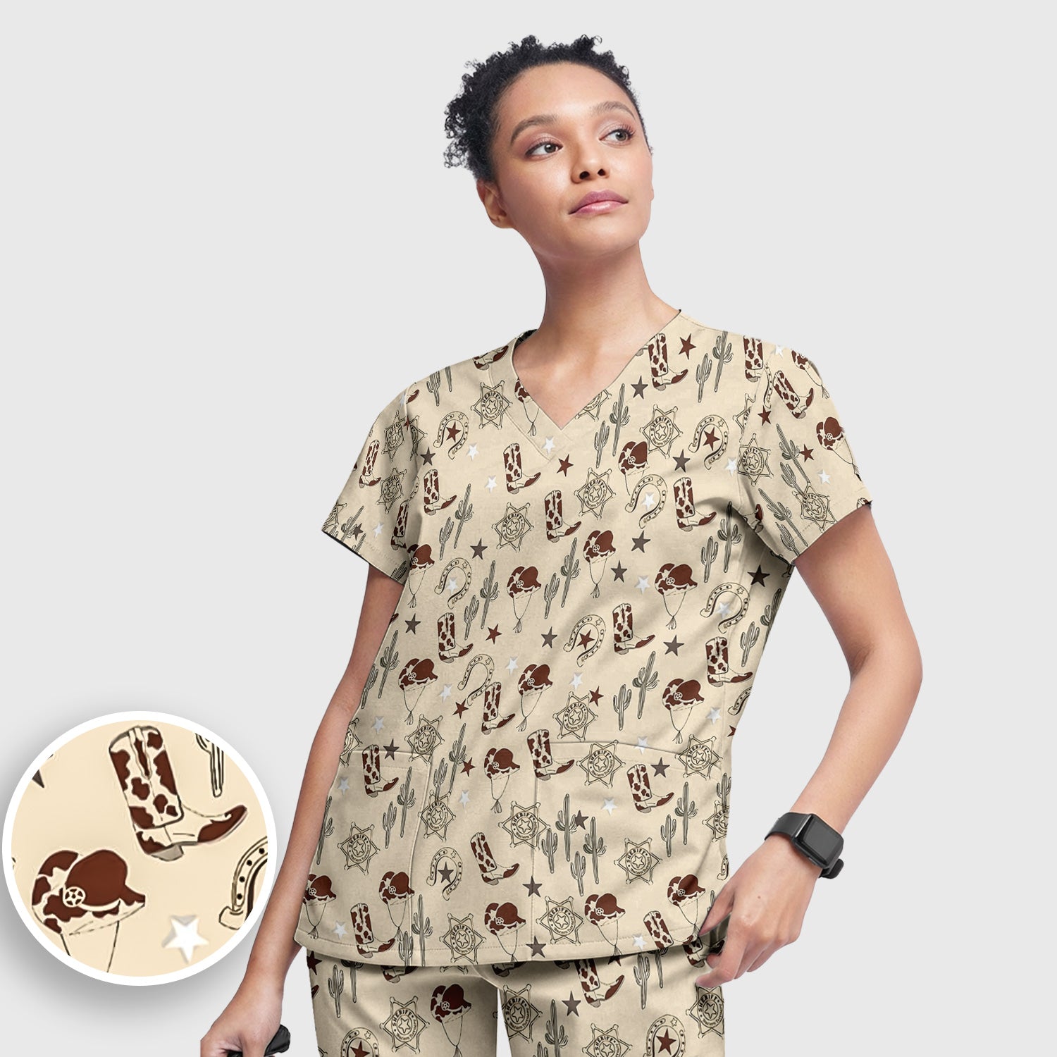 Funny Cowboy Hats & Boots Pattern Scrub Set, Scrub Pants and V Neck Top