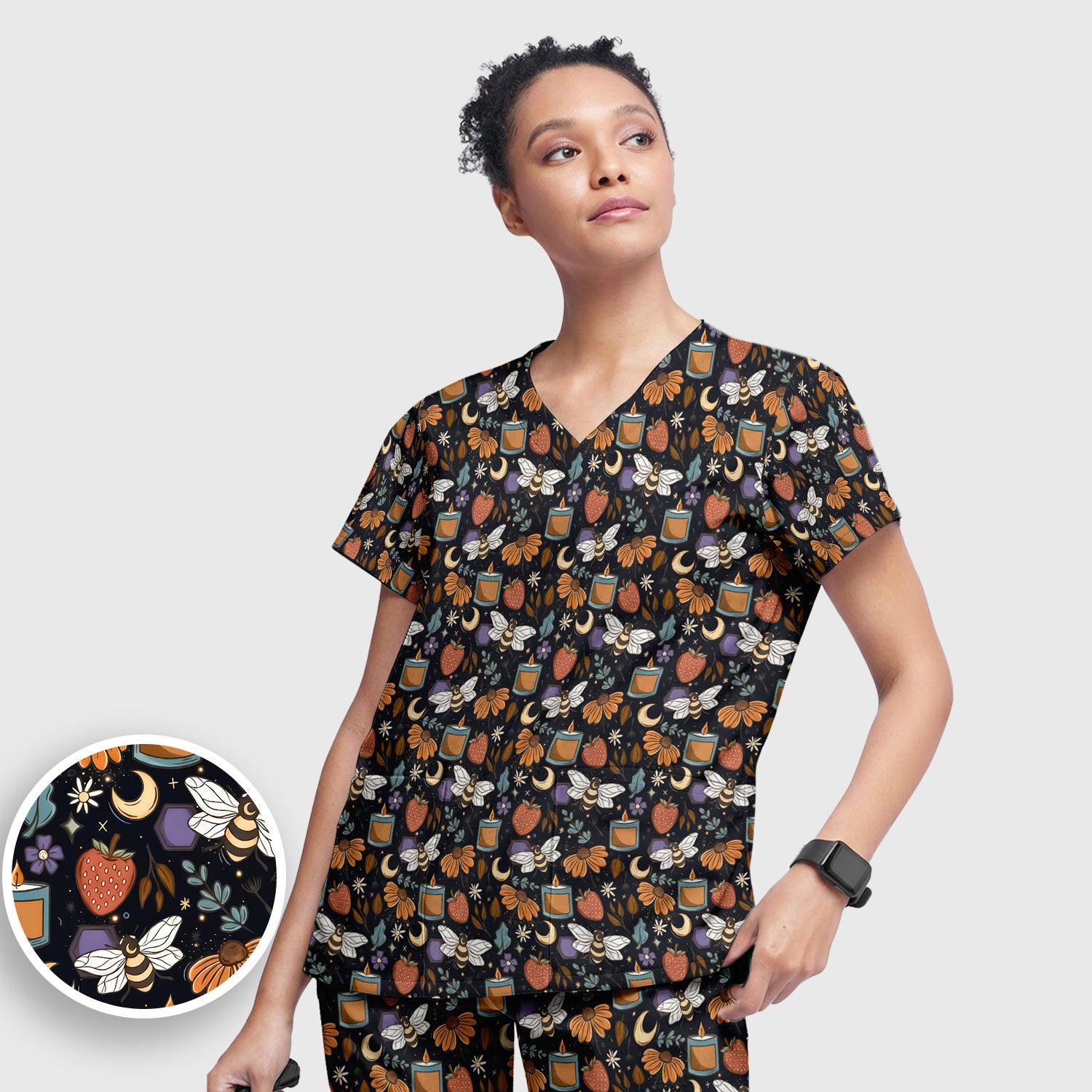 Bee Strawberry Floral Candle Pattern Scrub Set, Scrub Pants and V Neck Top