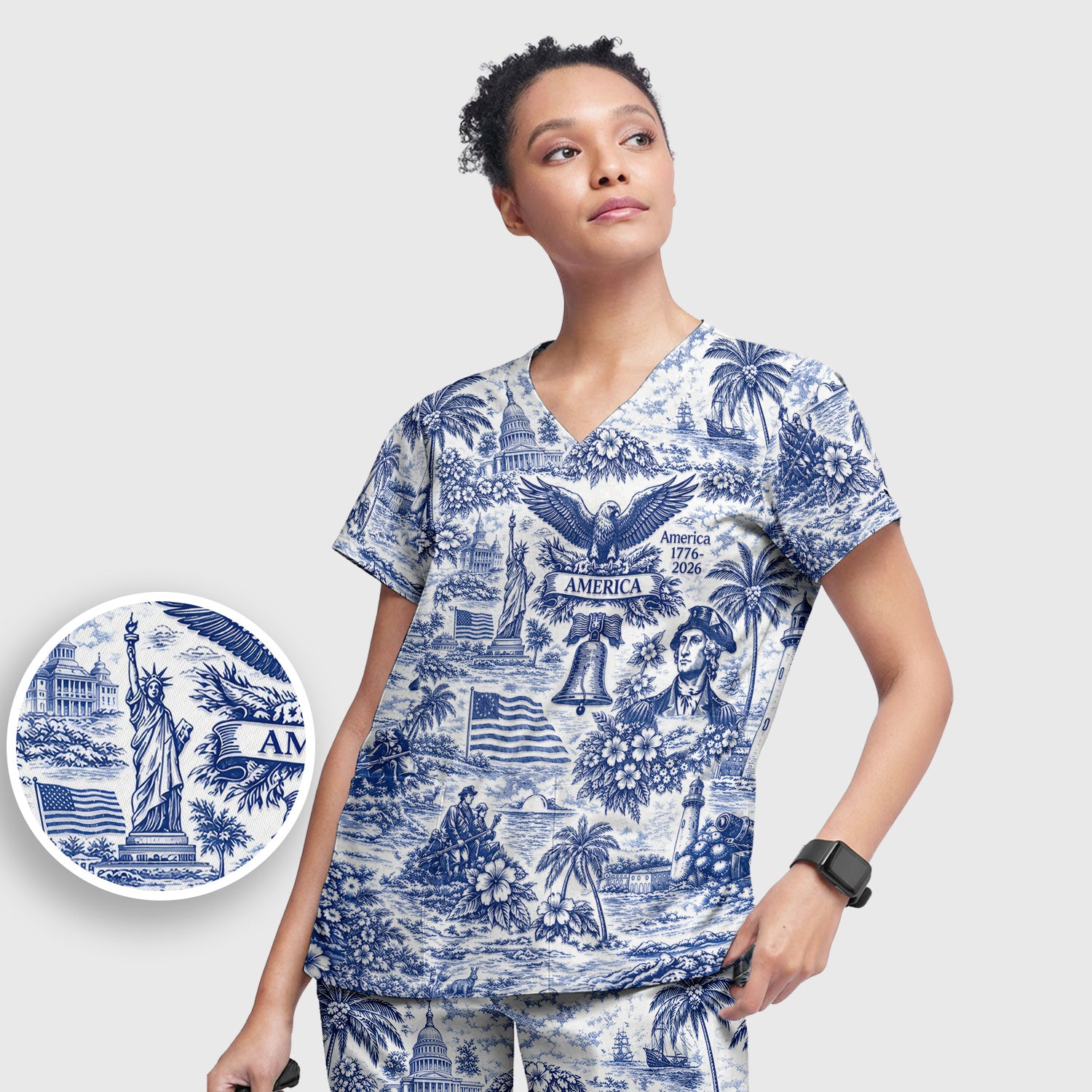 Patriotic America Heritage Toile Pattern Scrub Set, Women's Scrub Sets