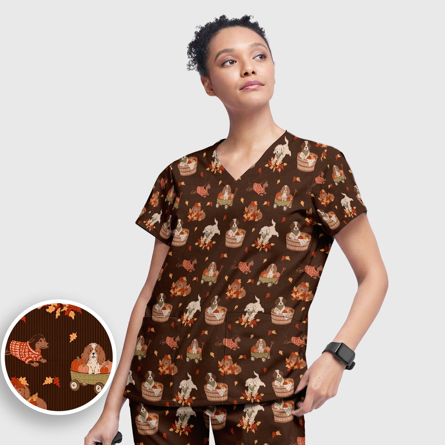 Cute Autumn Dogs And Falling Leaves Scrub Set, Scrub Pants and V Neck Top