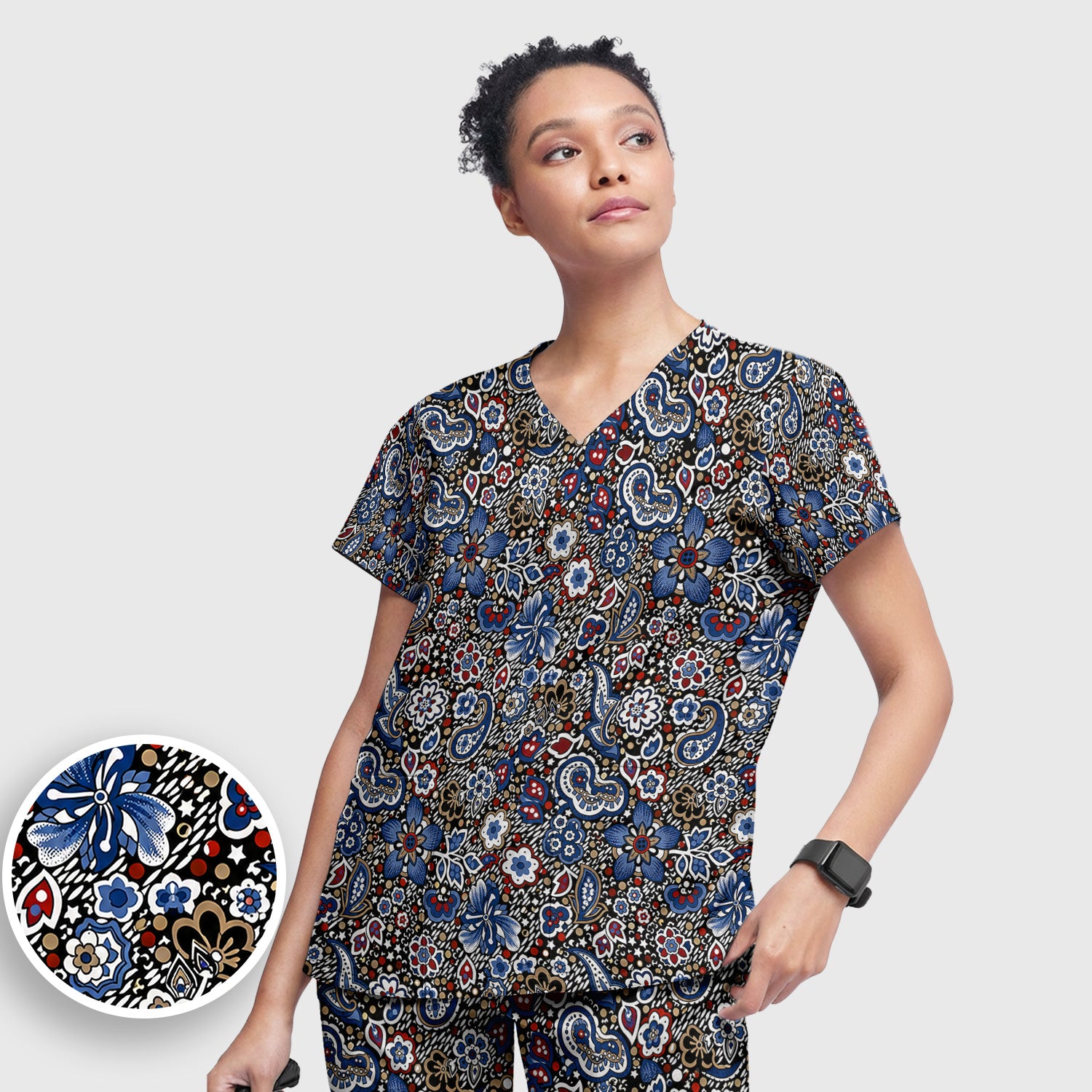 Classic Paisley Floral Pattern Scrub Set, Scrub Pants and V Neck Top