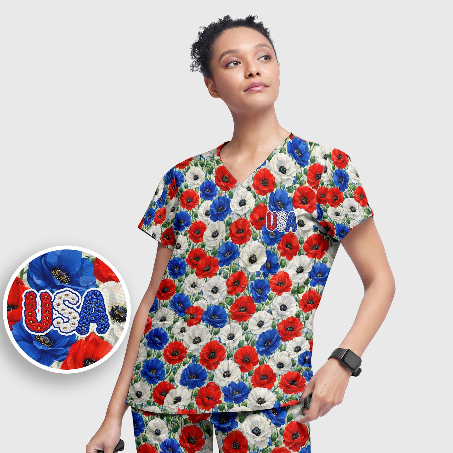 Festive Patriotic Red Blue Poppy Floral Pattern Scrub Set, Scrub Pants and V Neck Top