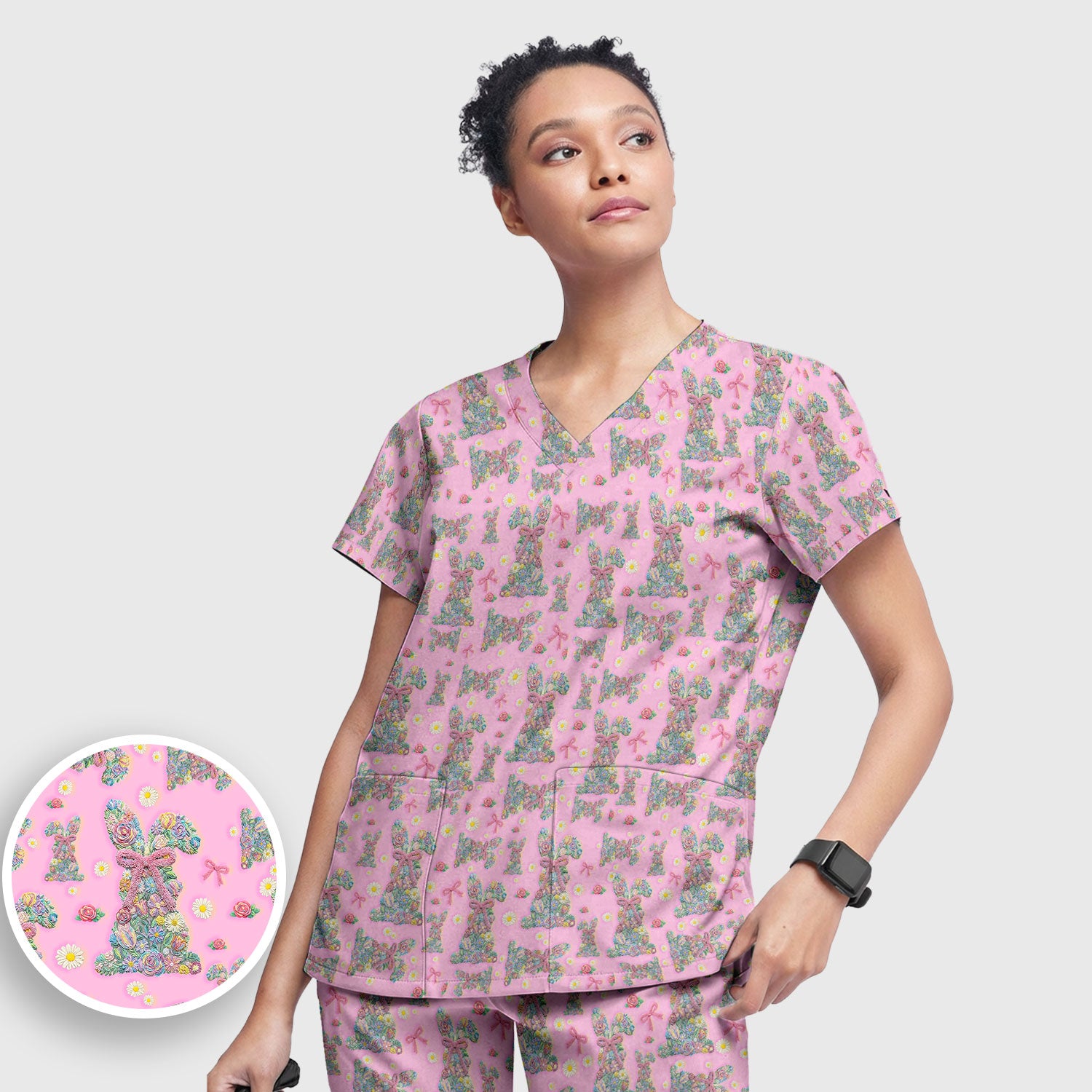 Colorful Floral Bunny with Pink Bow Pattern Scrub Set, Breathable Med Uniform