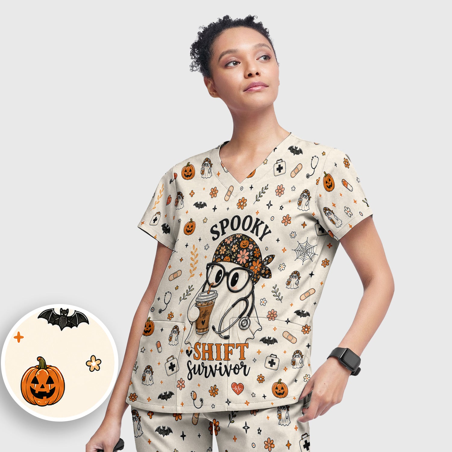 Halloween Shift Survivor Ghost Scrub Set, Scrub Pants and V Neck Top