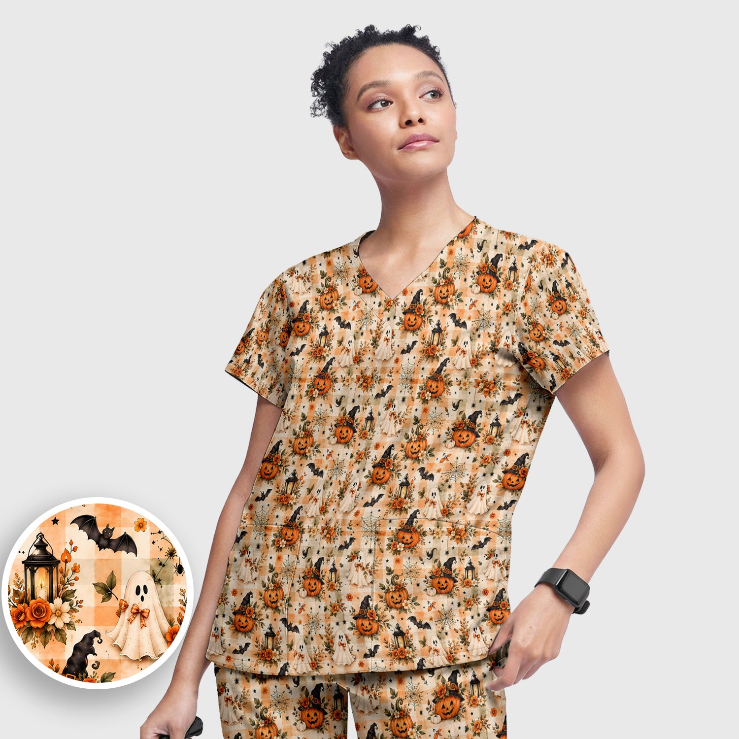 Vintage Halloween Pumpkin And Ghost Scrub Set, Scrub Pants and V Neck Top