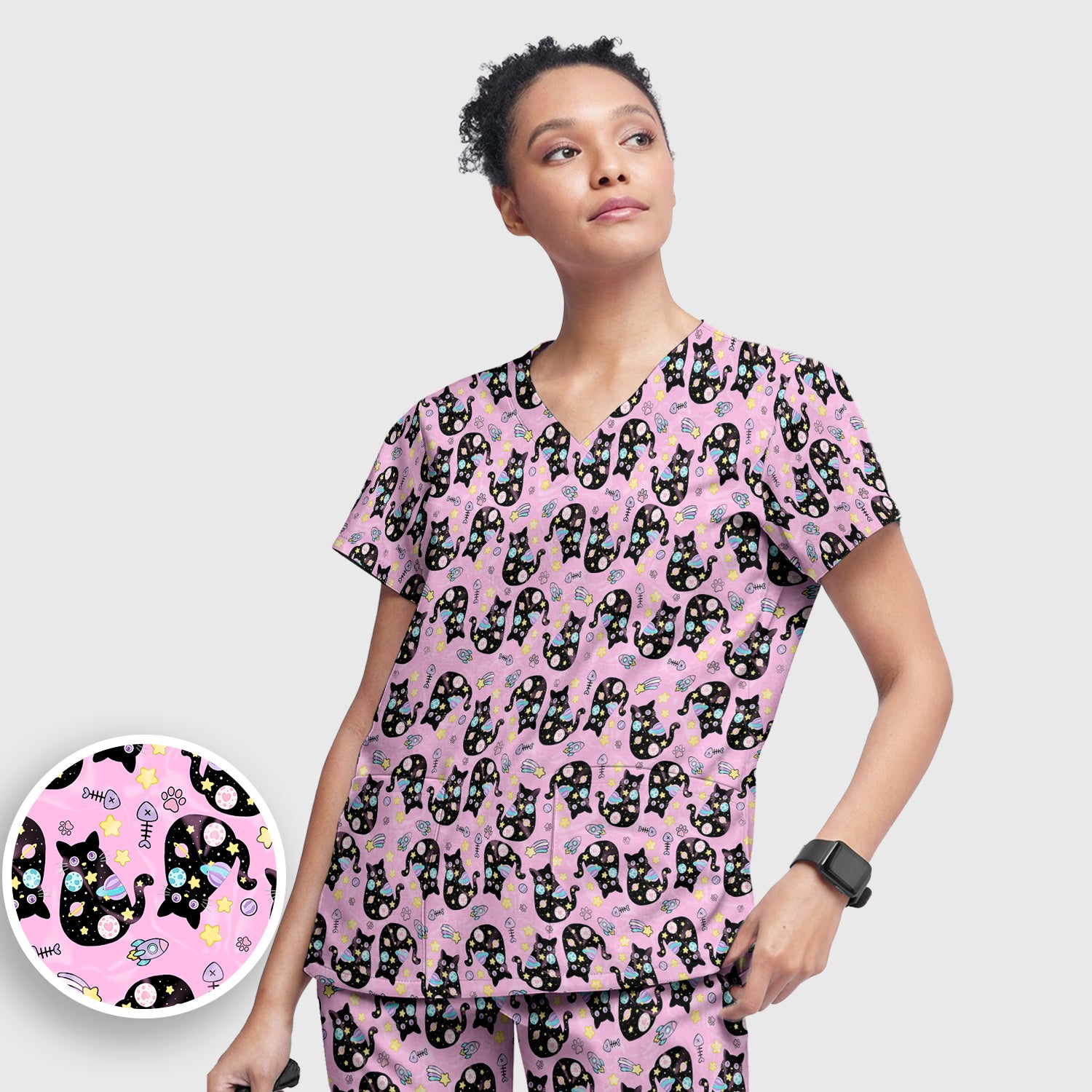 Galaxy Black Cat Space Pattern Scrub Top, Breathable Fabrics Nursing Uniform
