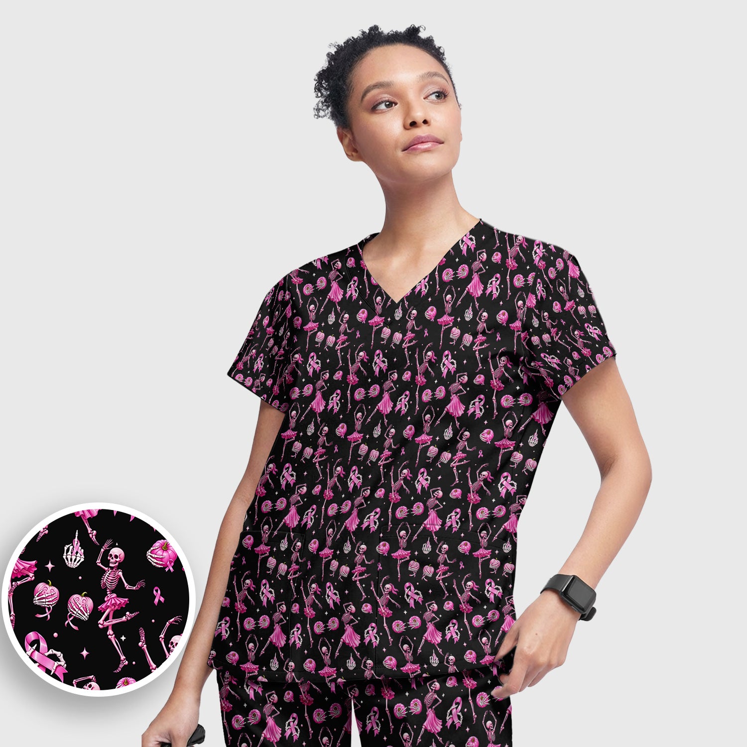 Pink Ribbon Skeleton Ballerina Print Scrub Set, Scrub Pants and V Neck Top