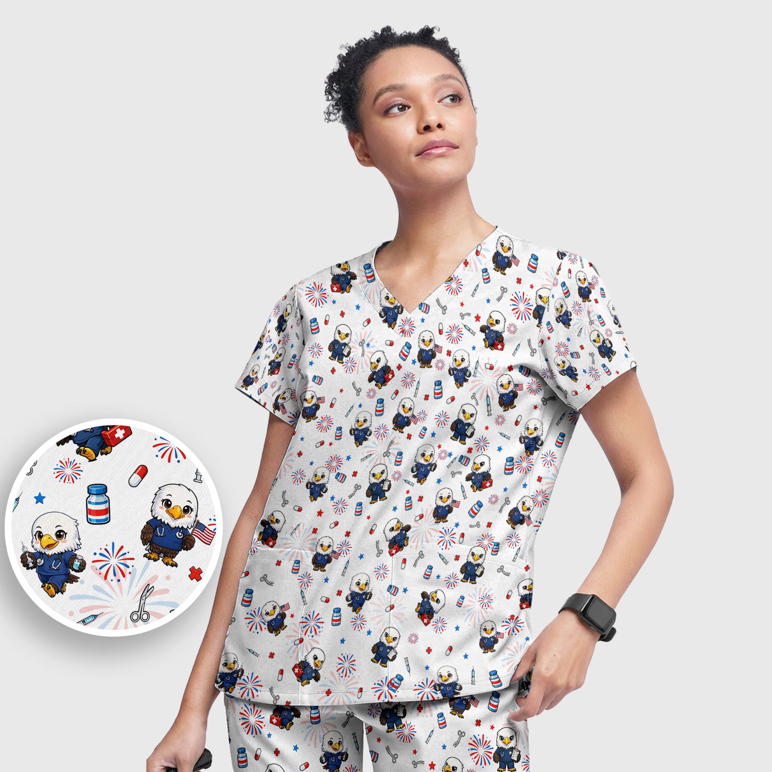 Patriotic Nurse Eagle Fireworks Medical Pattern Scrub Set, Women's Scrub Sets