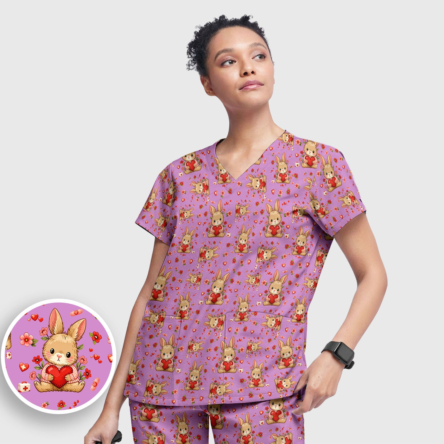 Adorable Bunny Heart Healthcare Design Scrub, Breathable Med Uniform